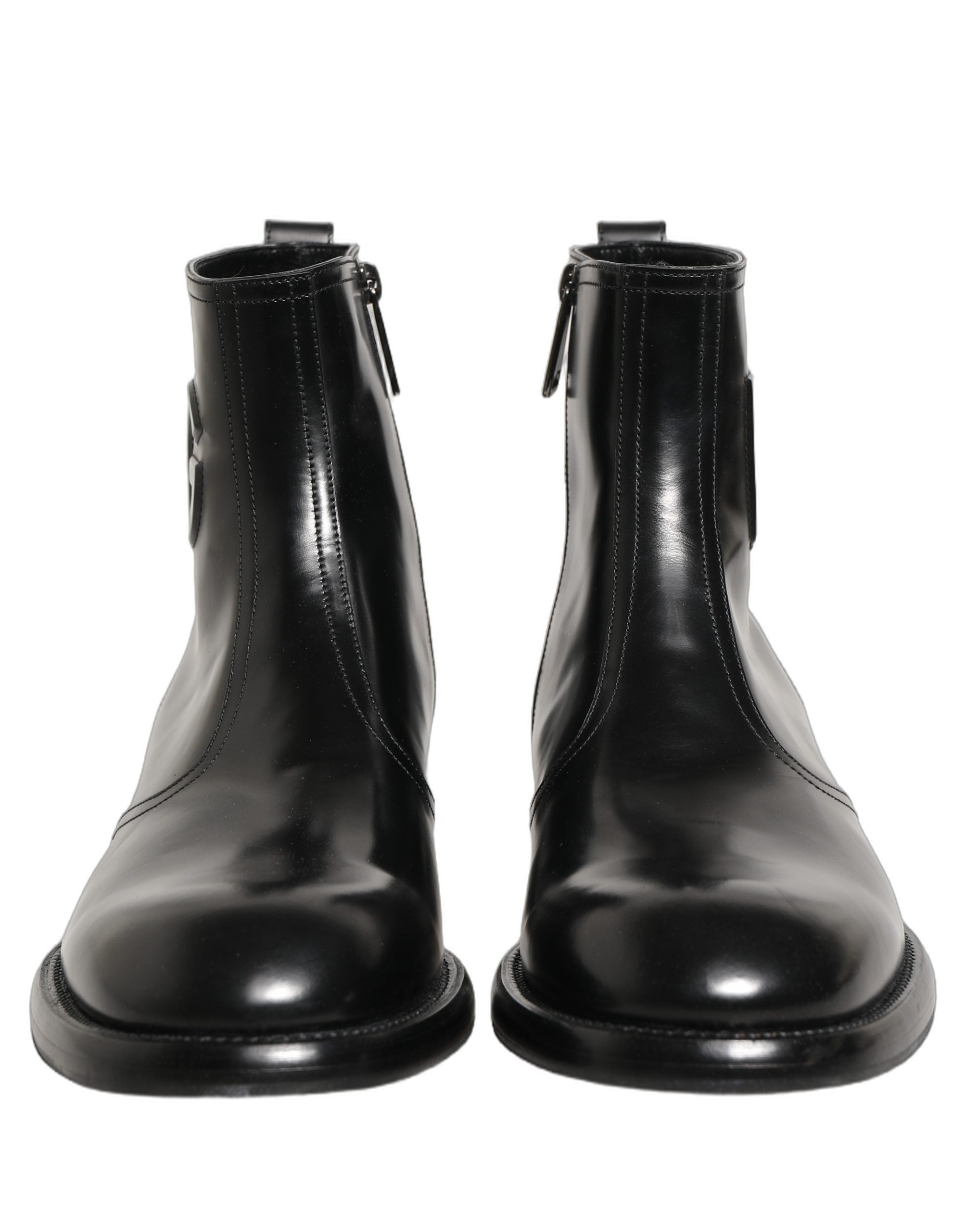 Dolce & Gabbana Black Leather Embossed Logo Ankle Boots Shoes