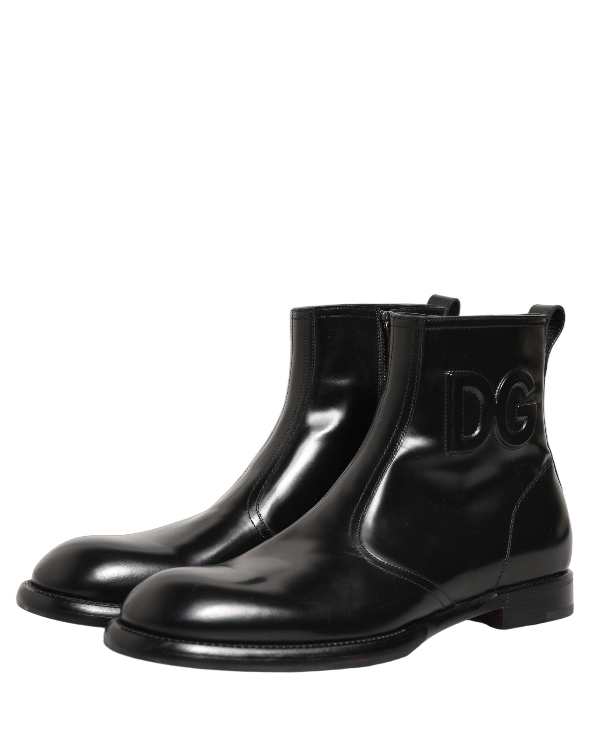 Dolce & Gabbana Black Leather Embossed Logo Ankle Boots Shoes