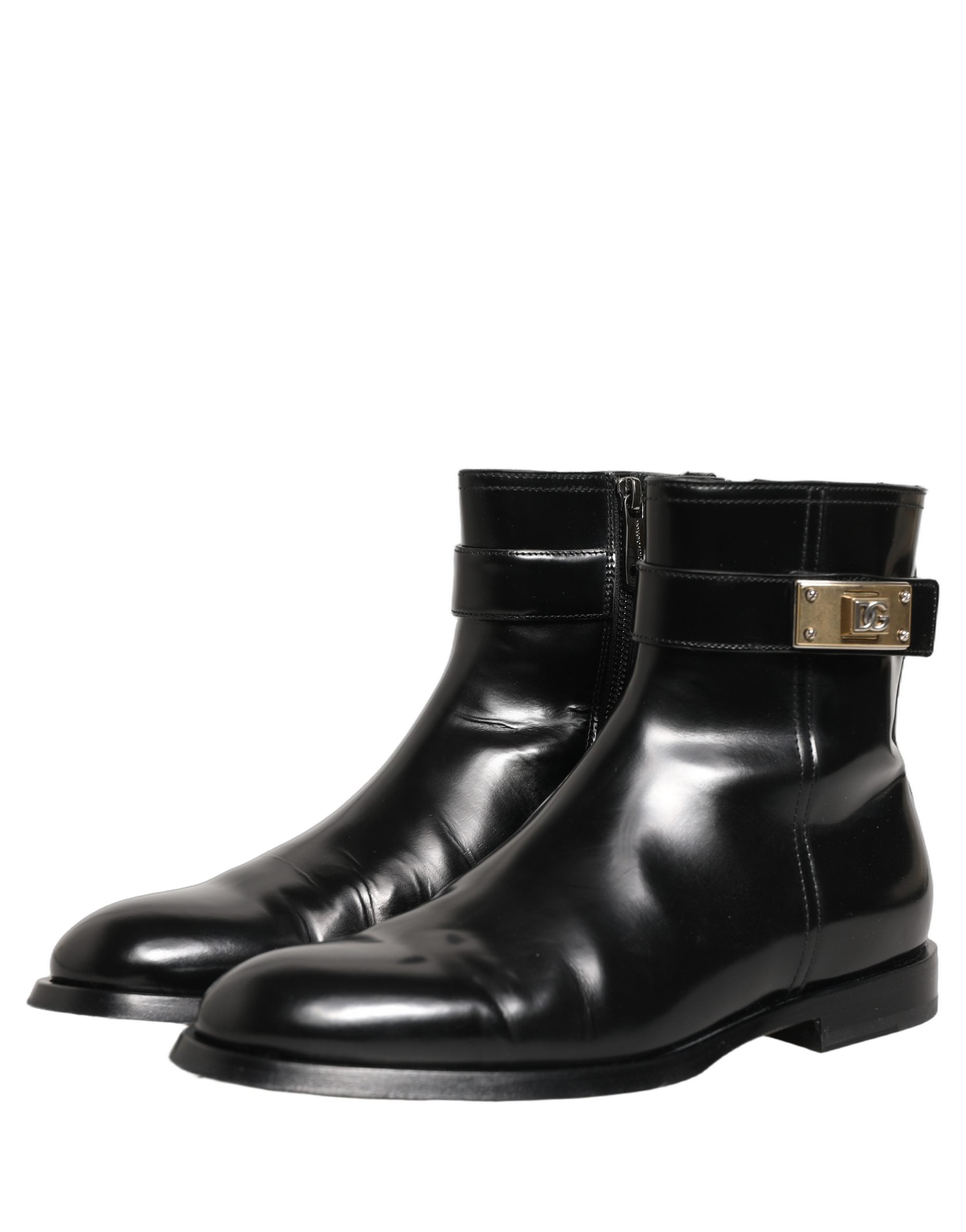 Dolce & Gabbana Black Leather Logo Buckle Mid Calf Boots Shoes