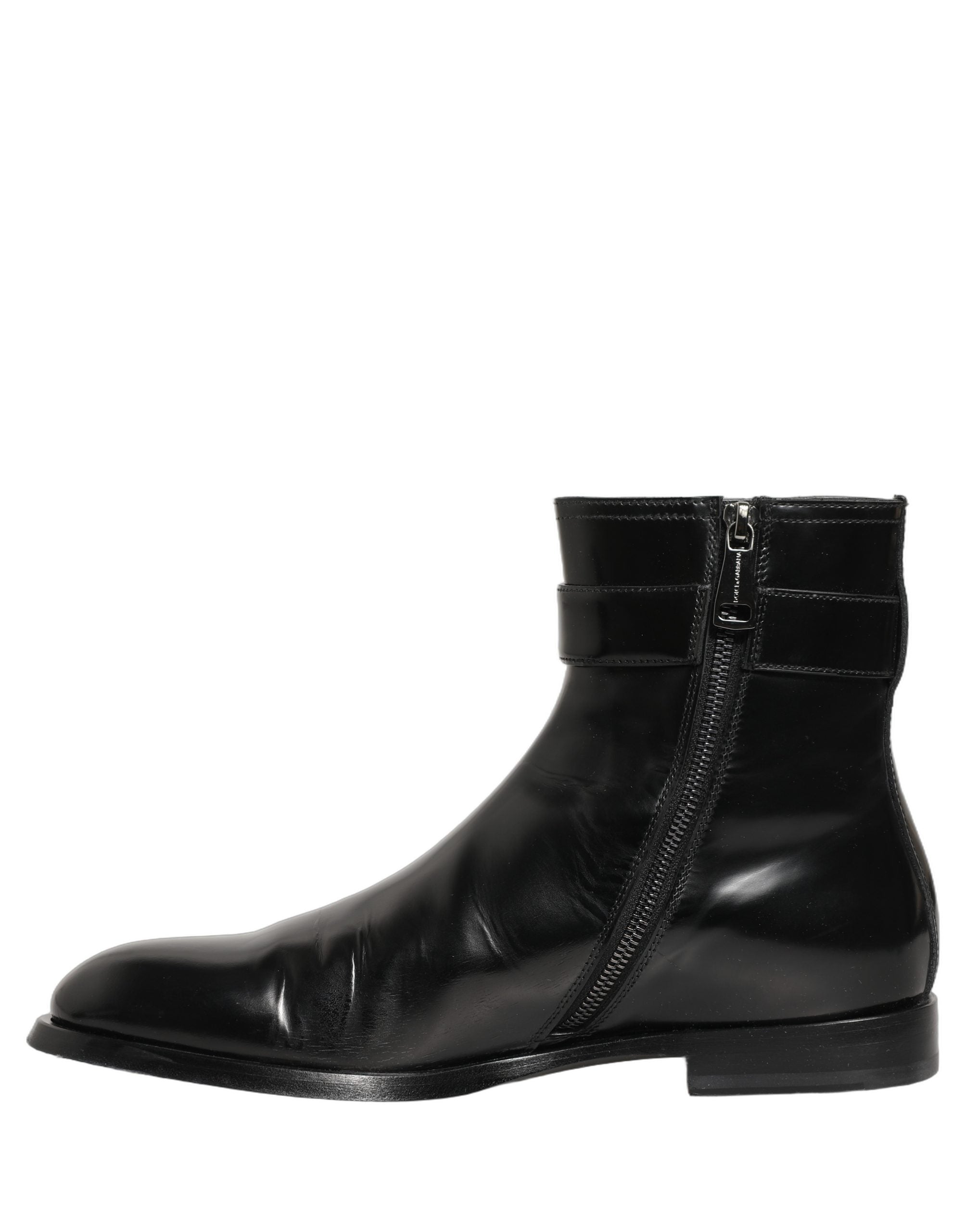 Dolce & Gabbana Black Leather Logo Buckle Mid Calf Boots Shoes