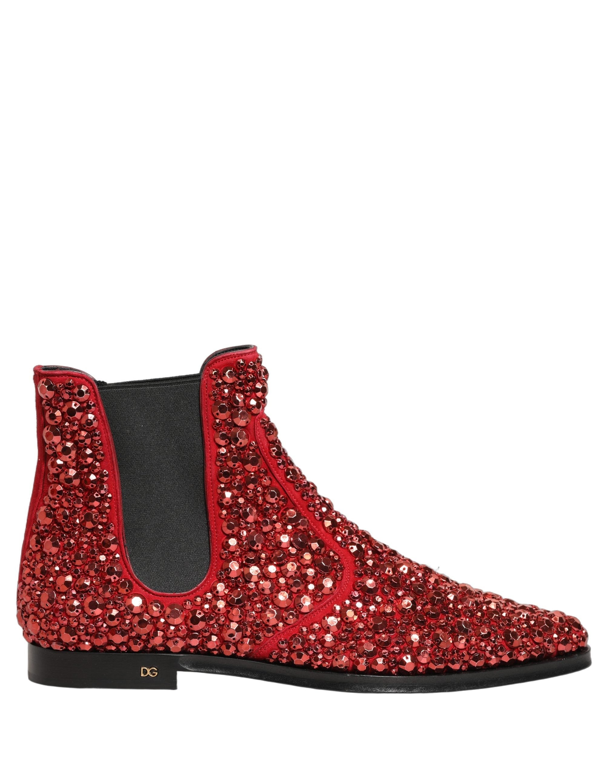 Dolce & Gabbana Red Embellished Chelsea Ankle Boots Shoes