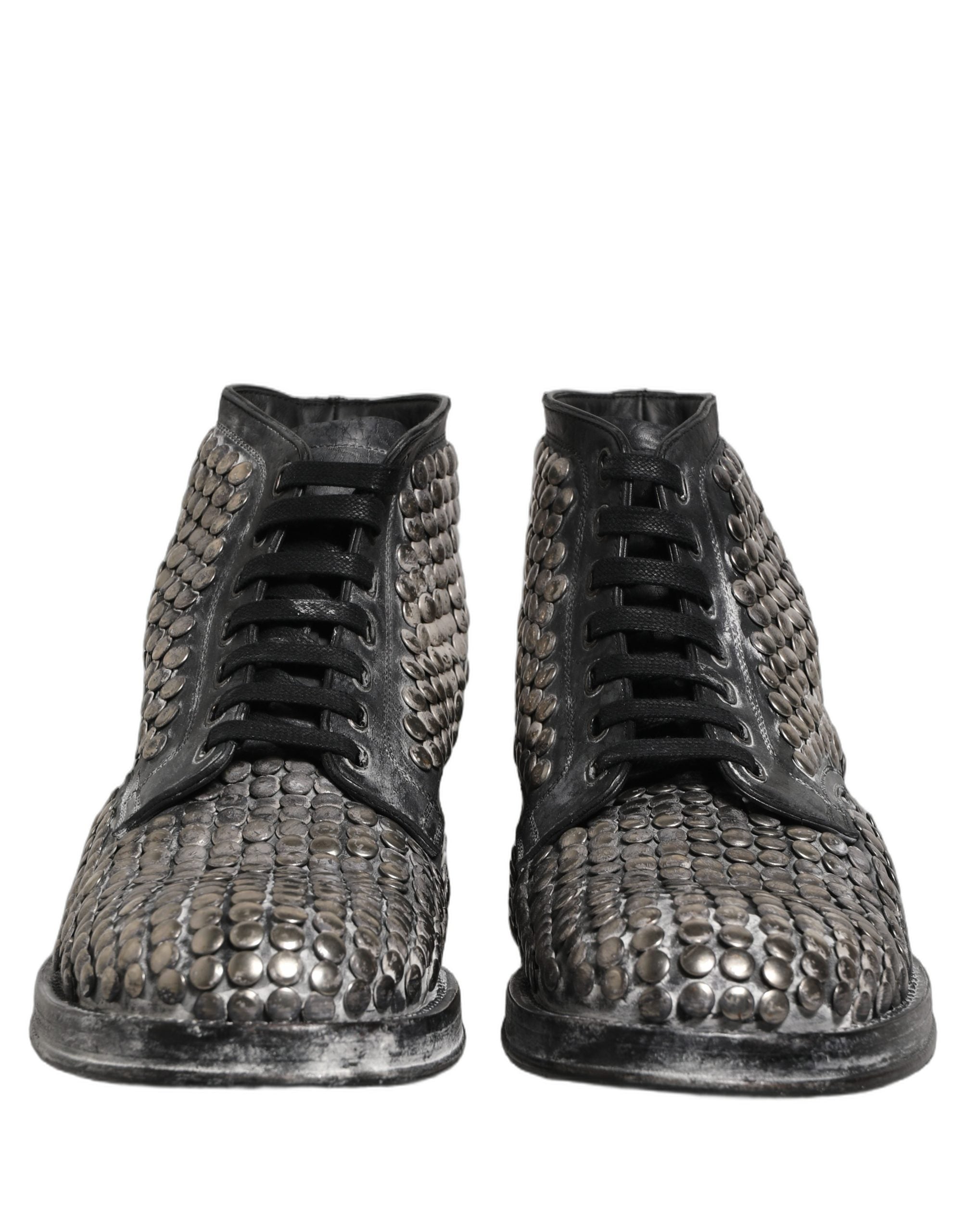 Dolce & Gabbana Black Leather Runway Studs Ankle Boots Shoes