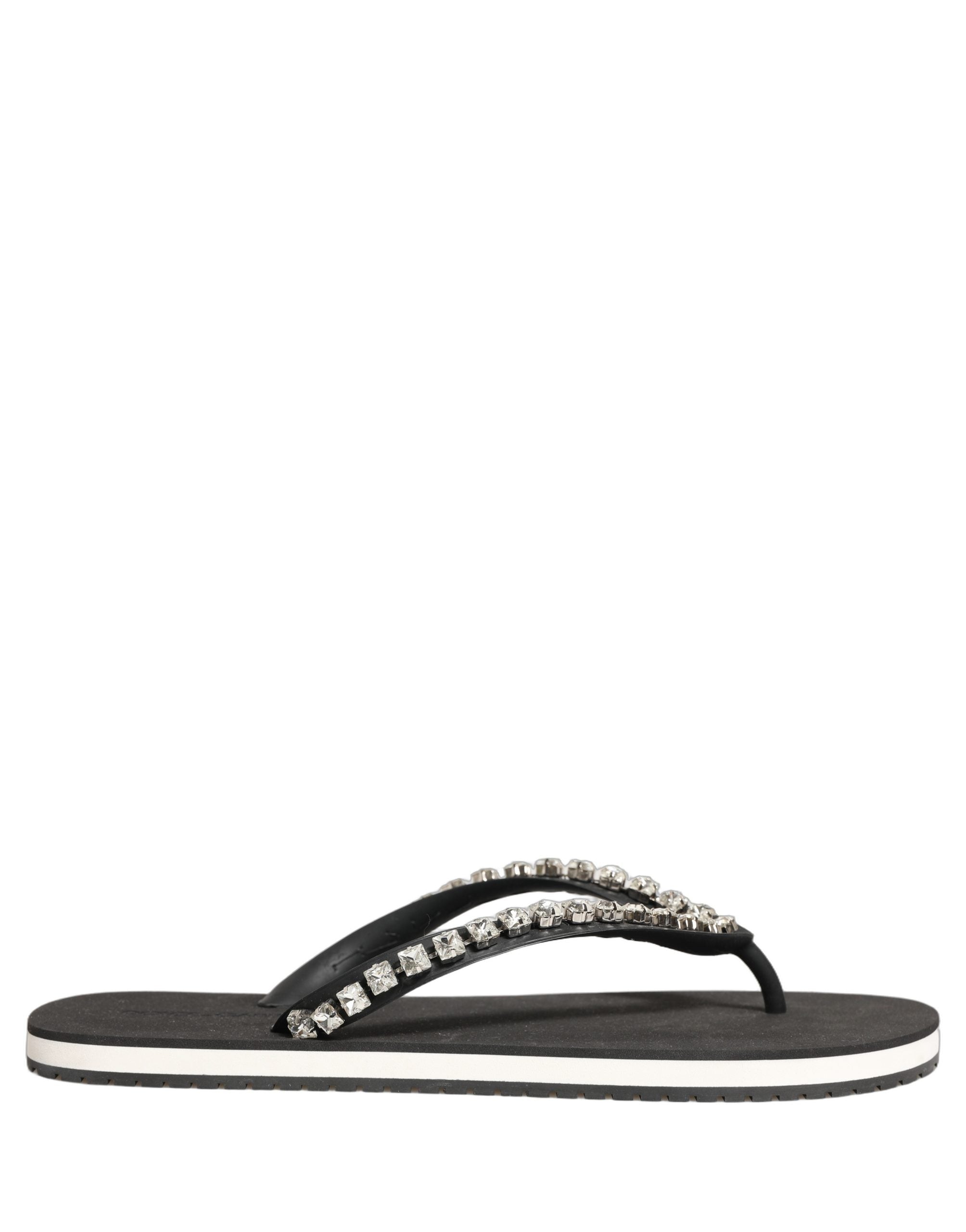 Dolce & Gabbana Black Embellished Rubber Flip Flops Men Shoes