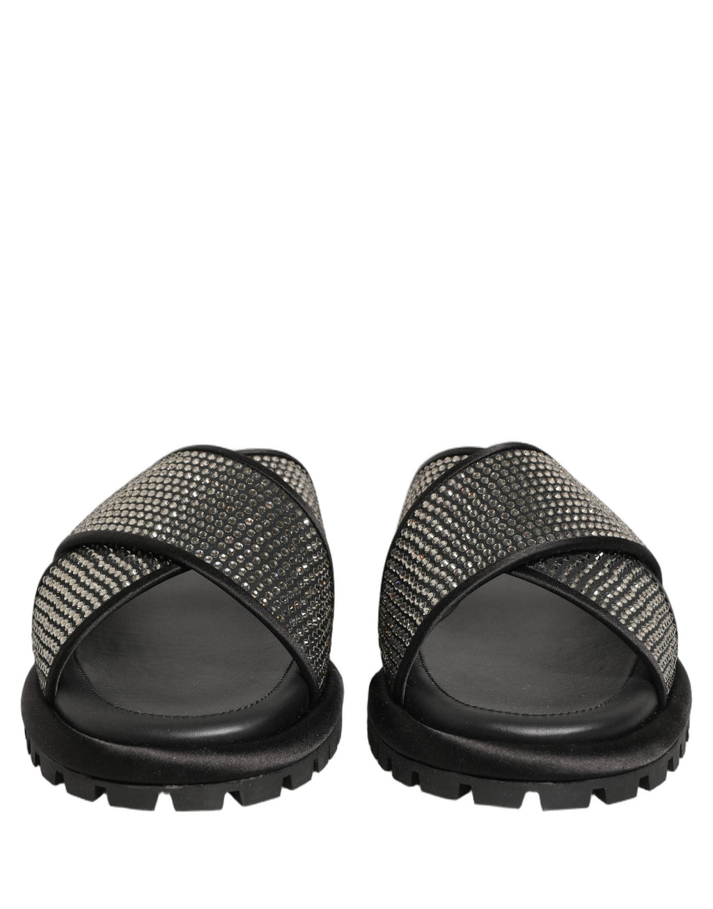 Dolce & Gabbana Black Strass Criss Cross Slide Sandals Shoes