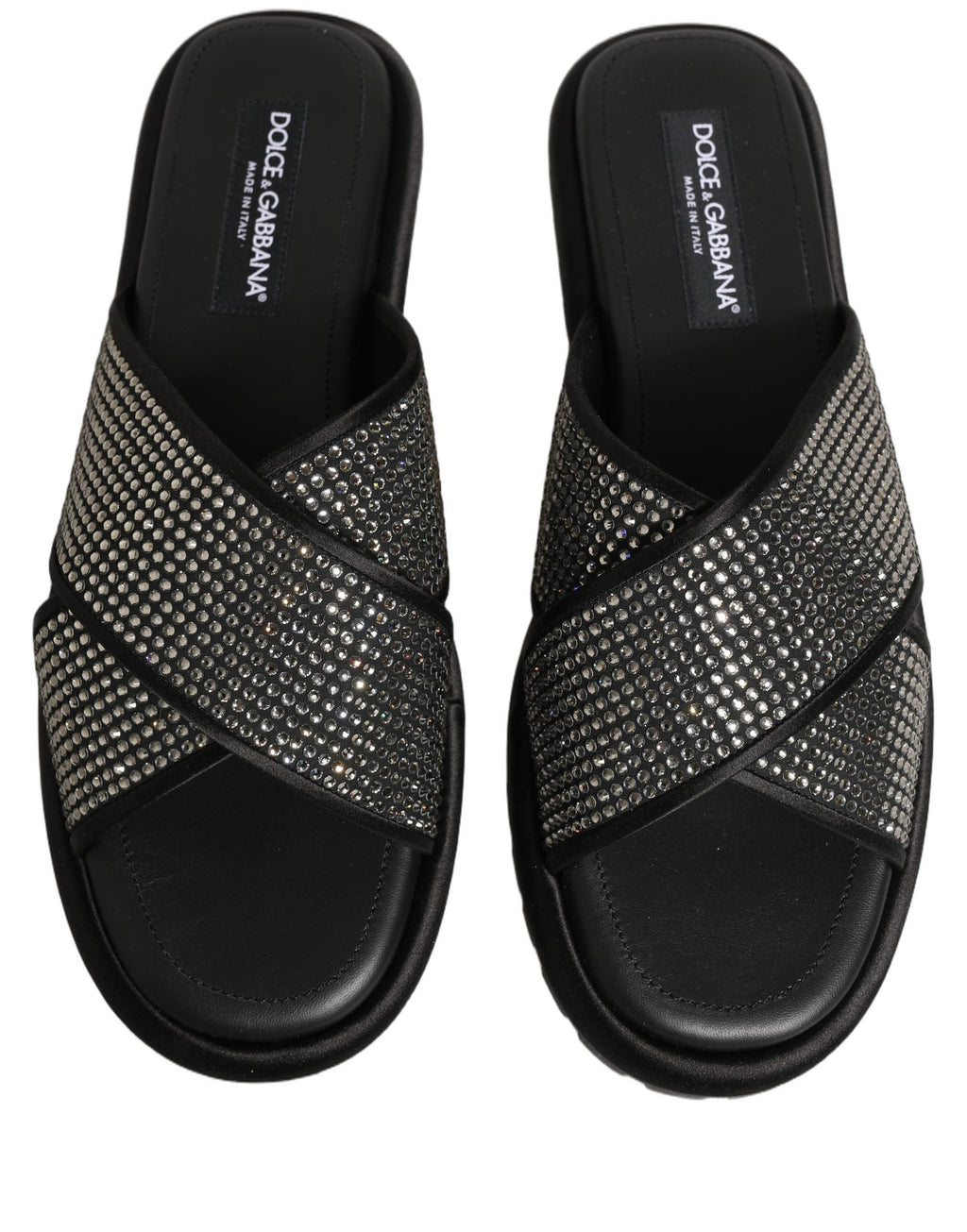 Dolce & Gabbana Black Strass Criss Cross Slide Sandals Shoes