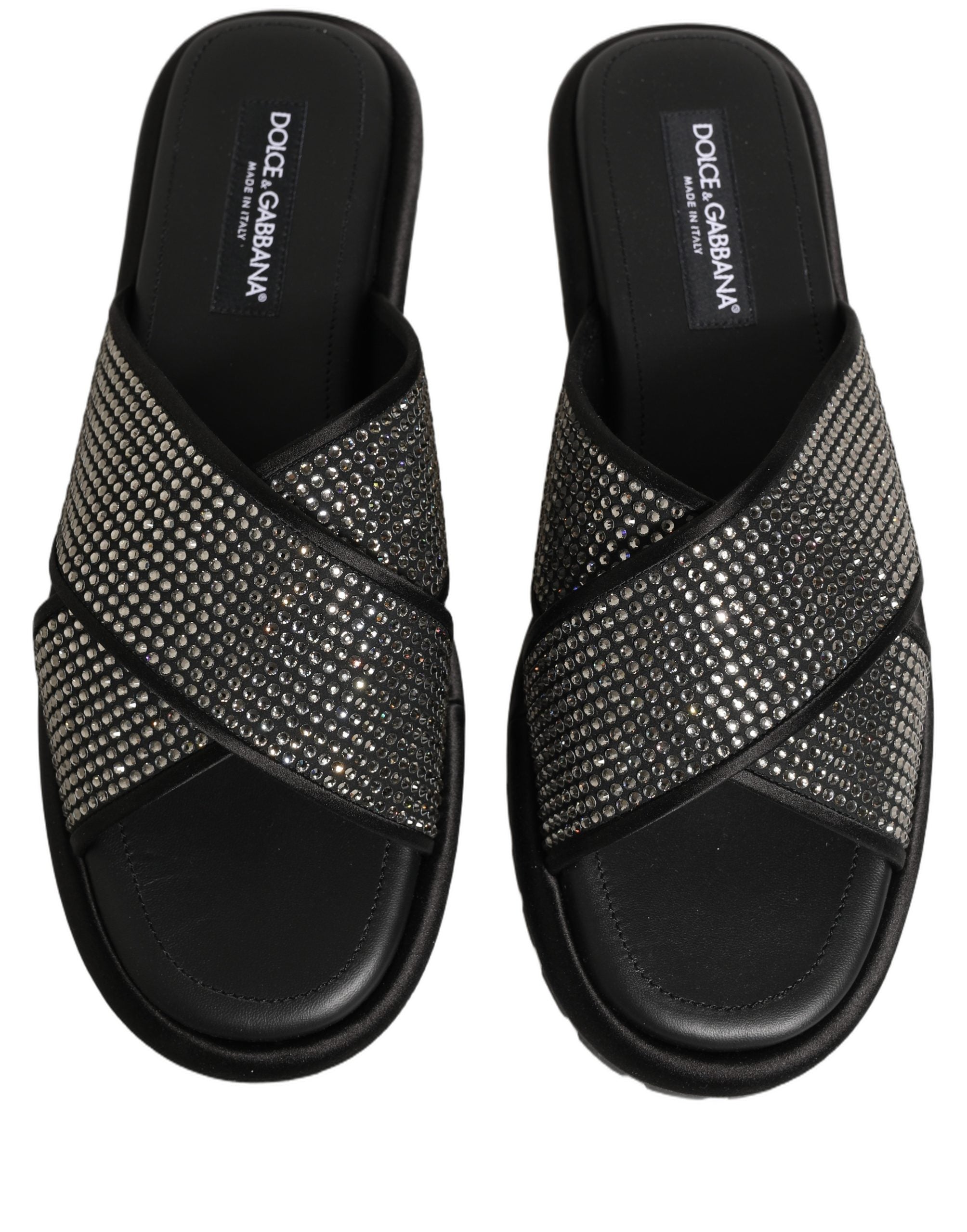 Dolce & Gabbana Black Strass Criss Cross Slide Sandals Shoes