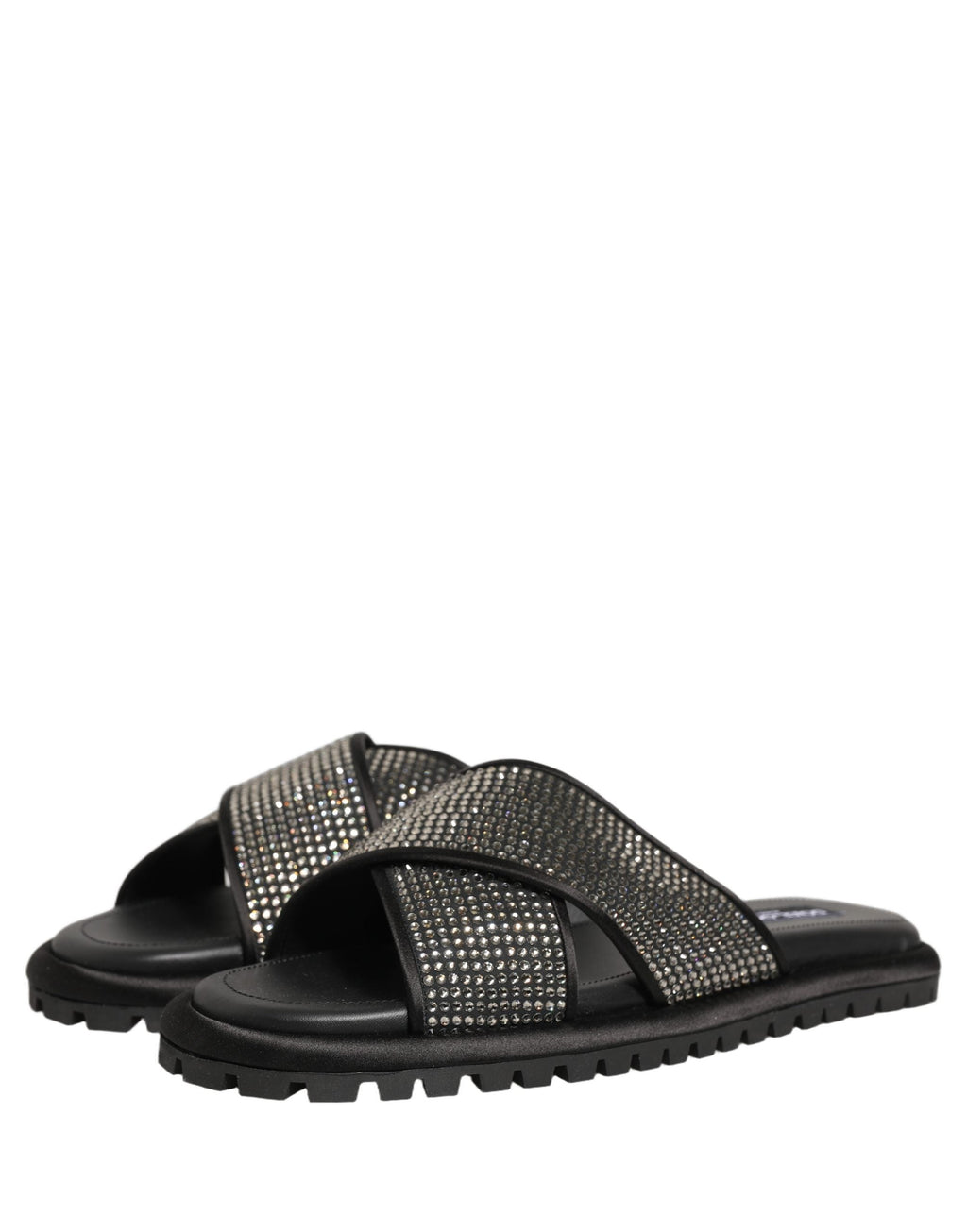 Dolce & Gabbana Black Strass Criss Cross Slide Sandals Shoes