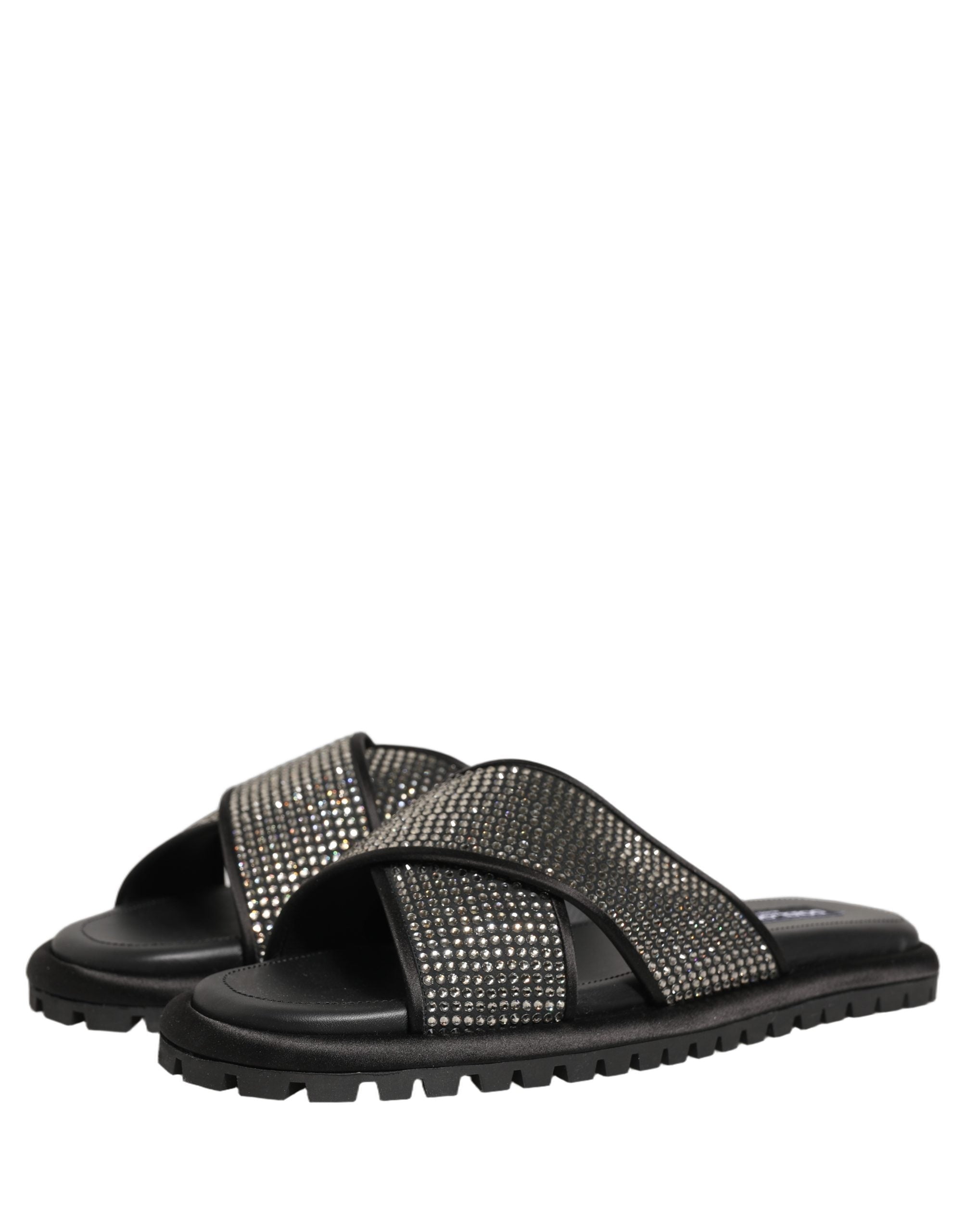 Dolce & Gabbana Black Strass Criss Cross Slide Sandals Shoes