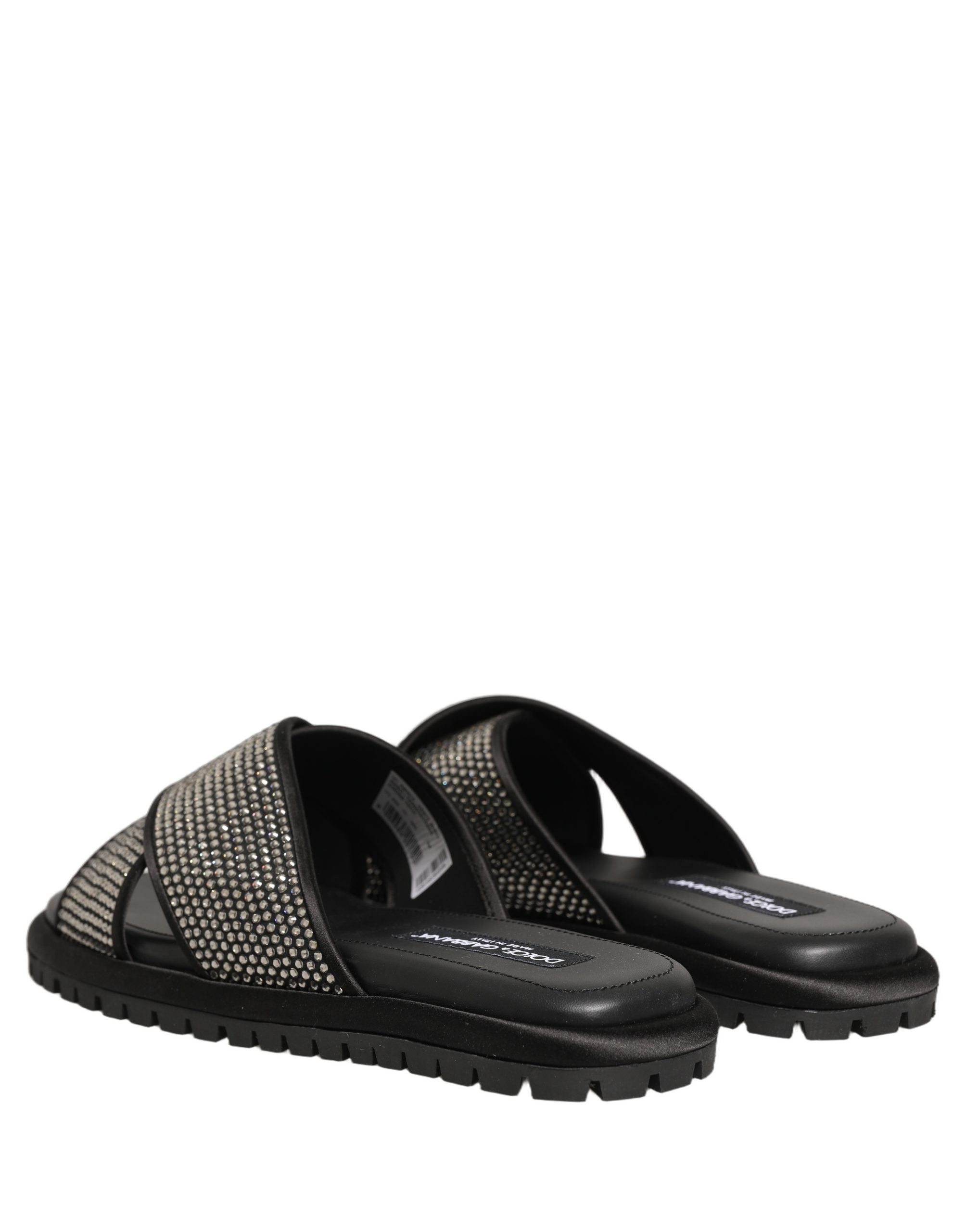 Dolce & Gabbana Black Strass Criss Cross Slide Sandals Shoes