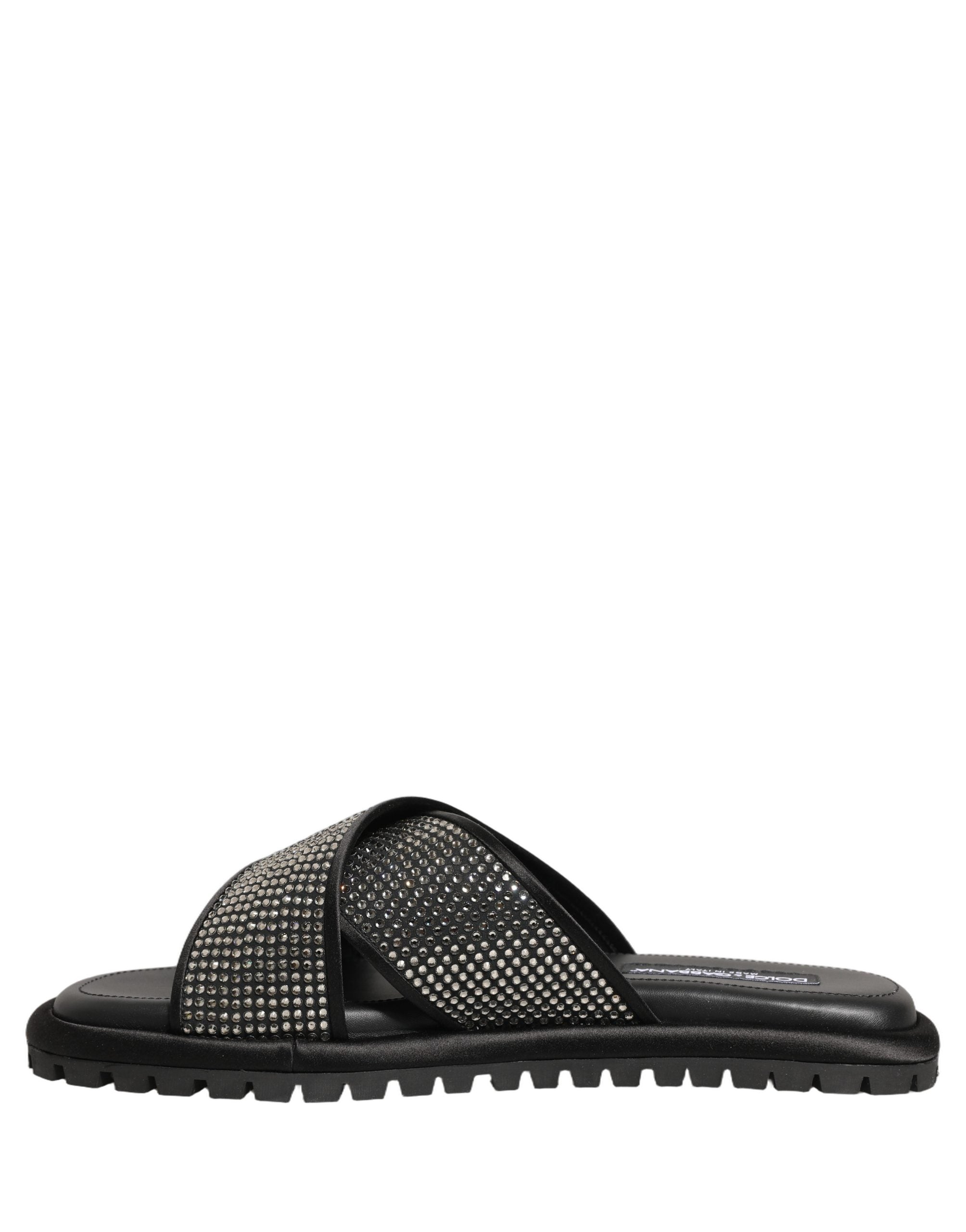 Dolce & Gabbana Black Strass Criss Cross Slide Sandals Shoes