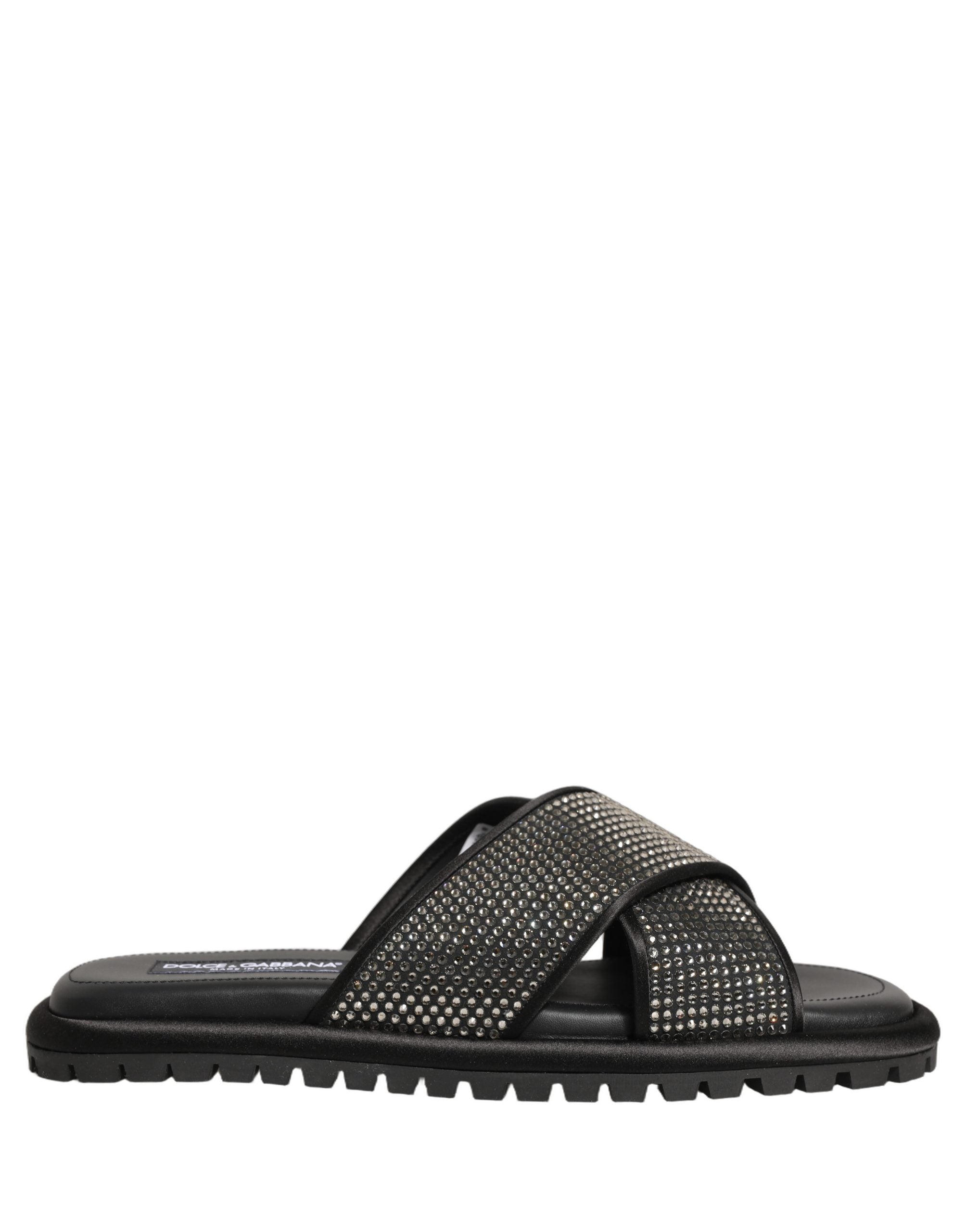 Dolce & Gabbana Black Strass Criss Cross Slide Sandals Shoes