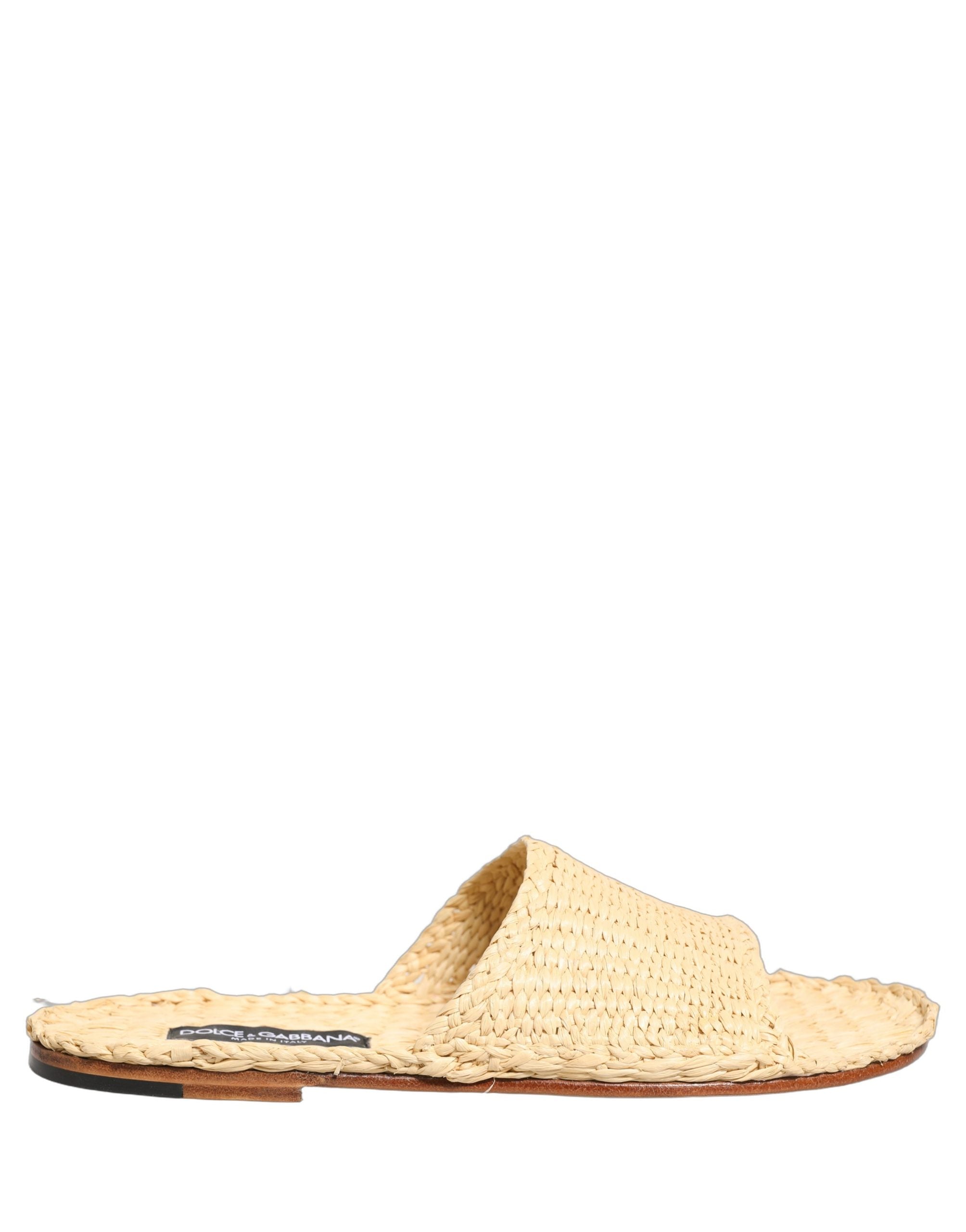 Dolce & Gabbana Beige Straw Raffia Slides Sandals Flats Shoes