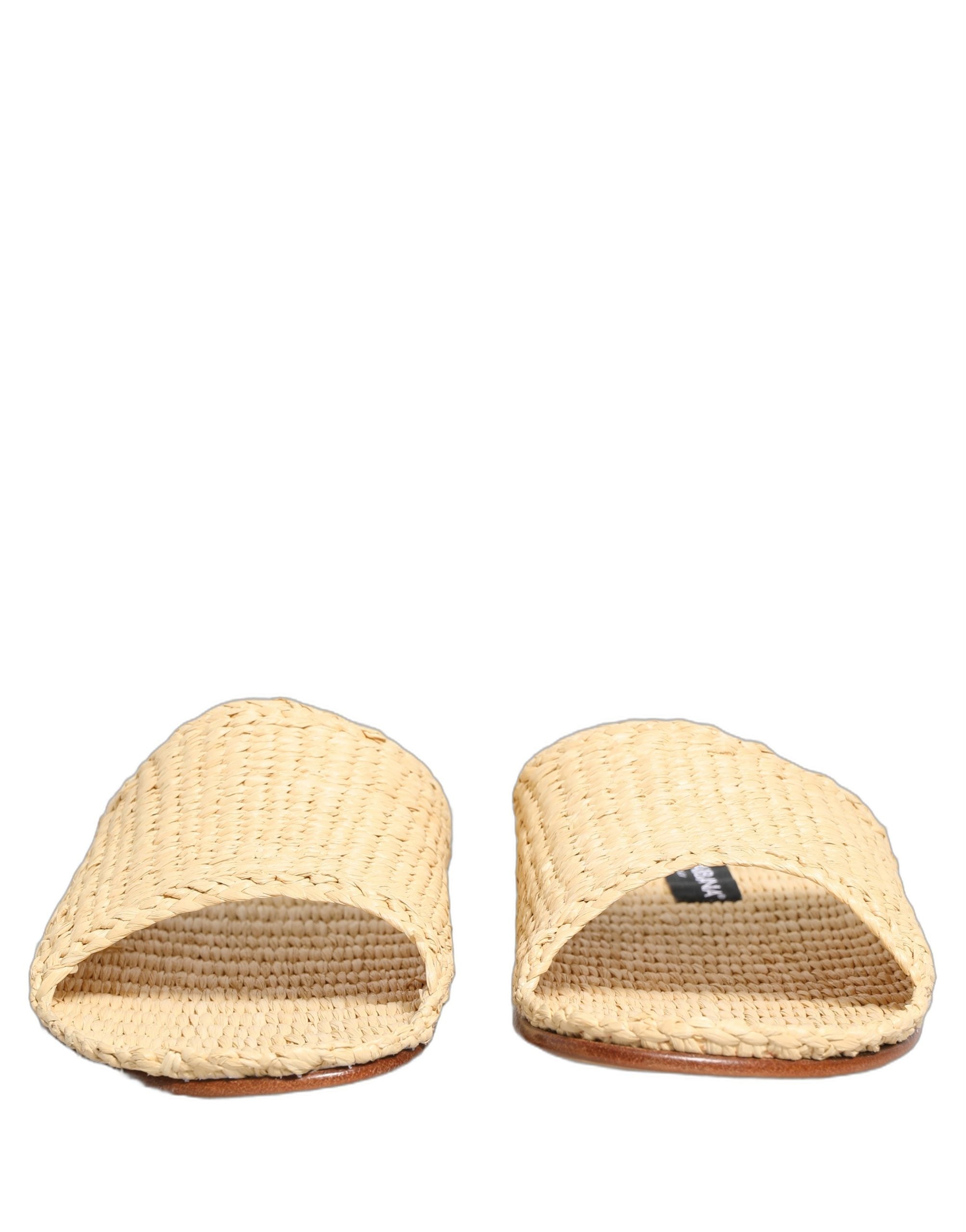 Dolce & Gabbana Beige Straw Raffia Slides Sandals Flats Shoes