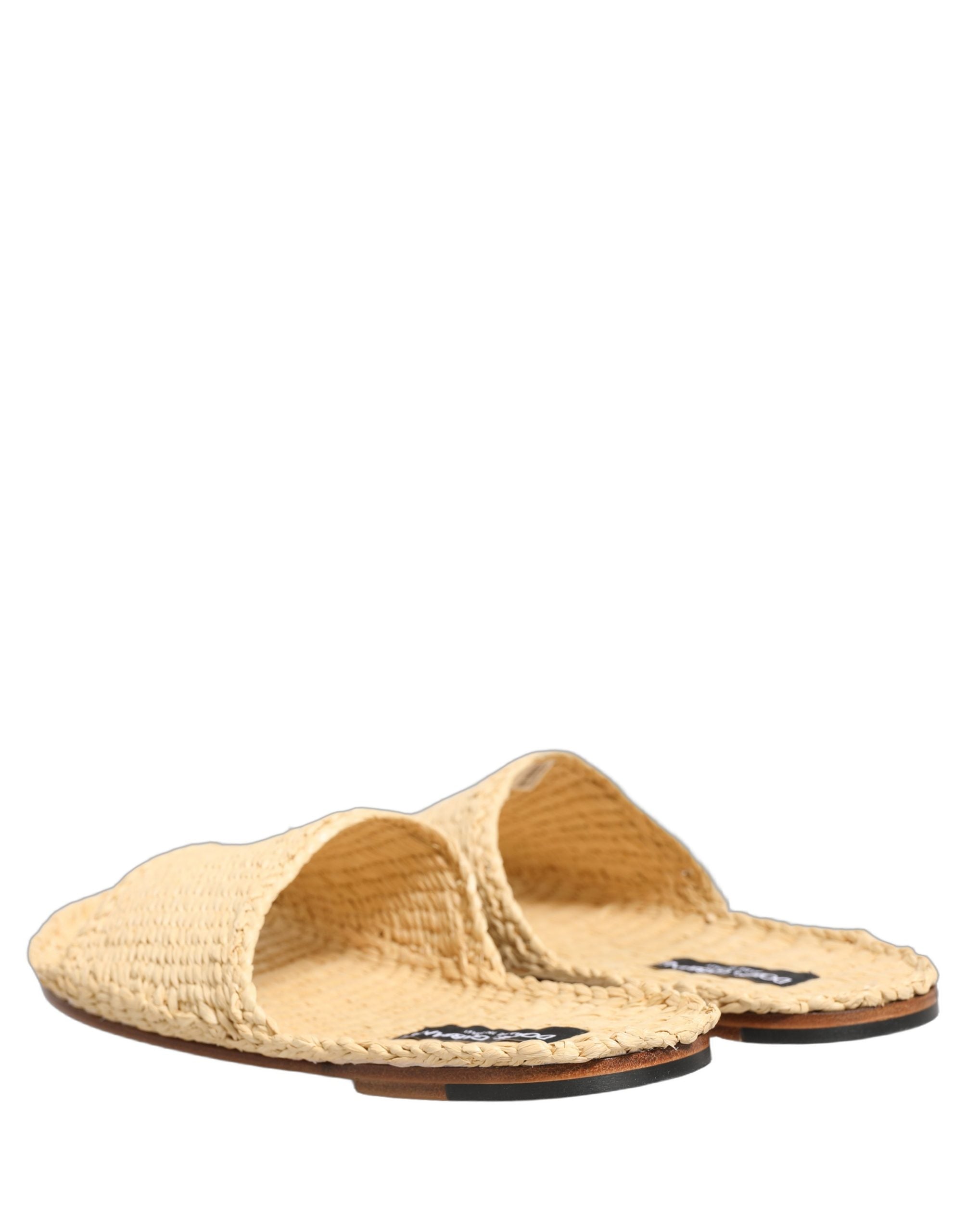 Dolce & Gabbana Beige Straw Raffia Slides Sandals Flats Shoes