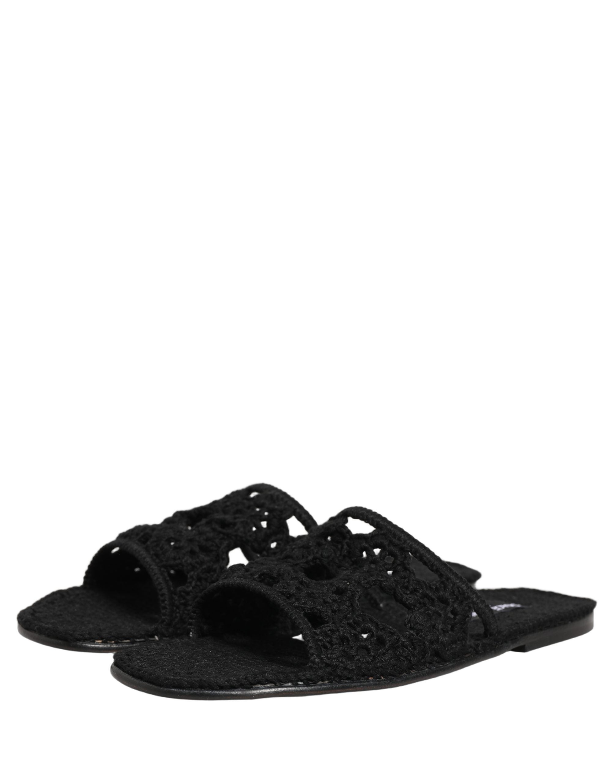 Dolce & Gabbana Black Fabric Woven Slides Sandals Flats Shoes