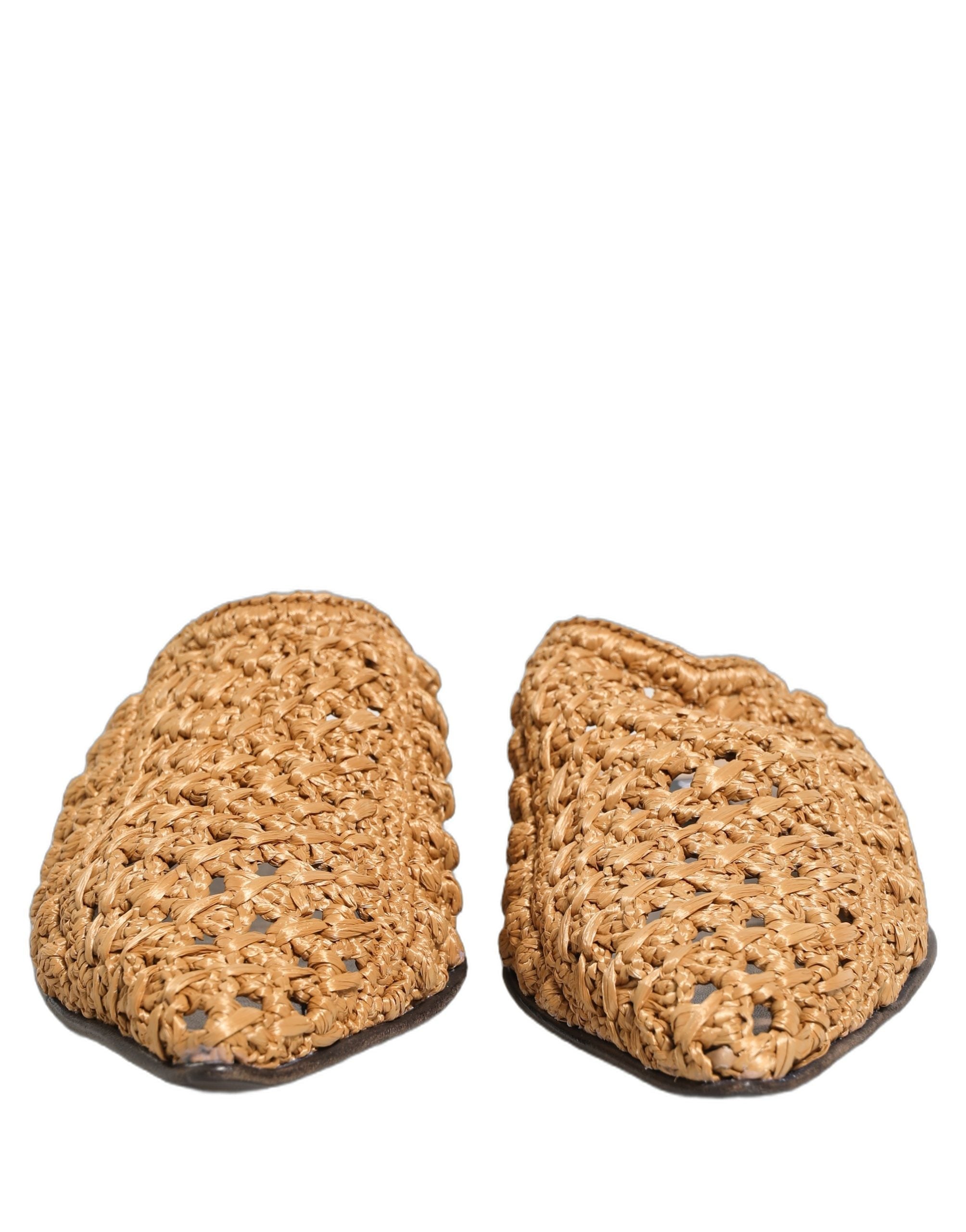Dolce & Gabbana Beige Woven Straw Slides Sandals Flats Shoes