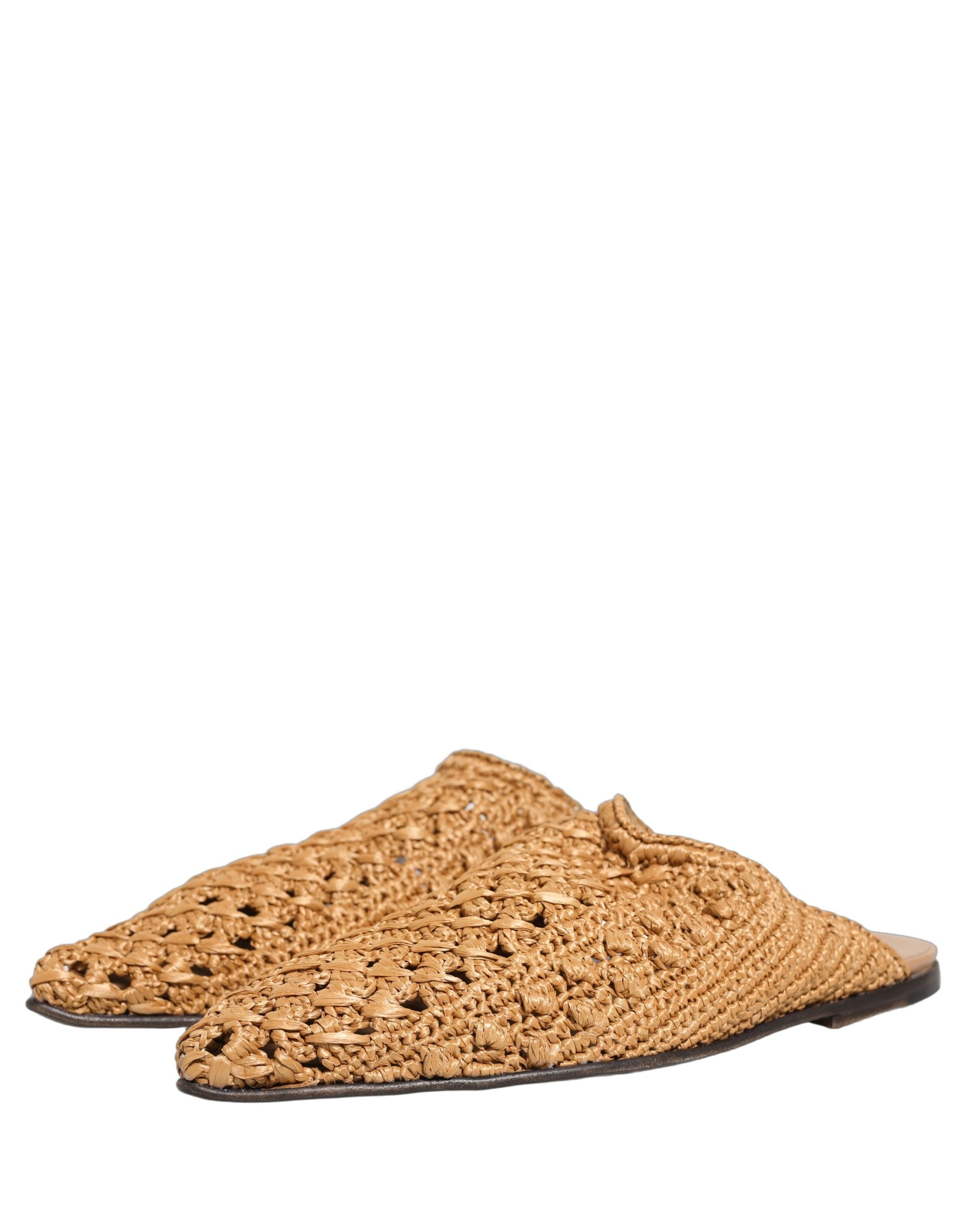 Dolce & Gabbana Beige Woven Straw Slides Sandals Flats Shoes