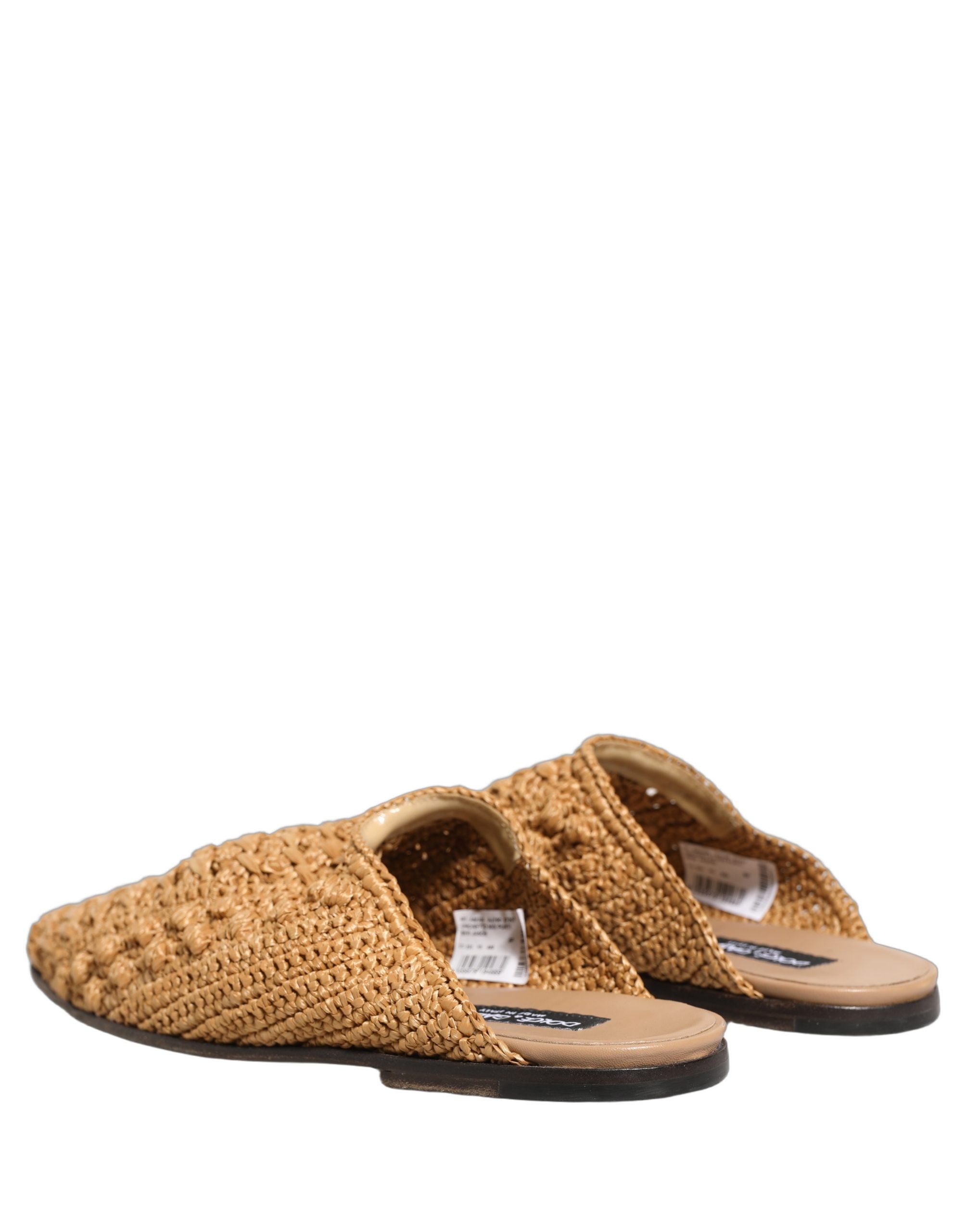 Dolce & Gabbana Beige Woven Straw Slides Sandals Flats Shoes