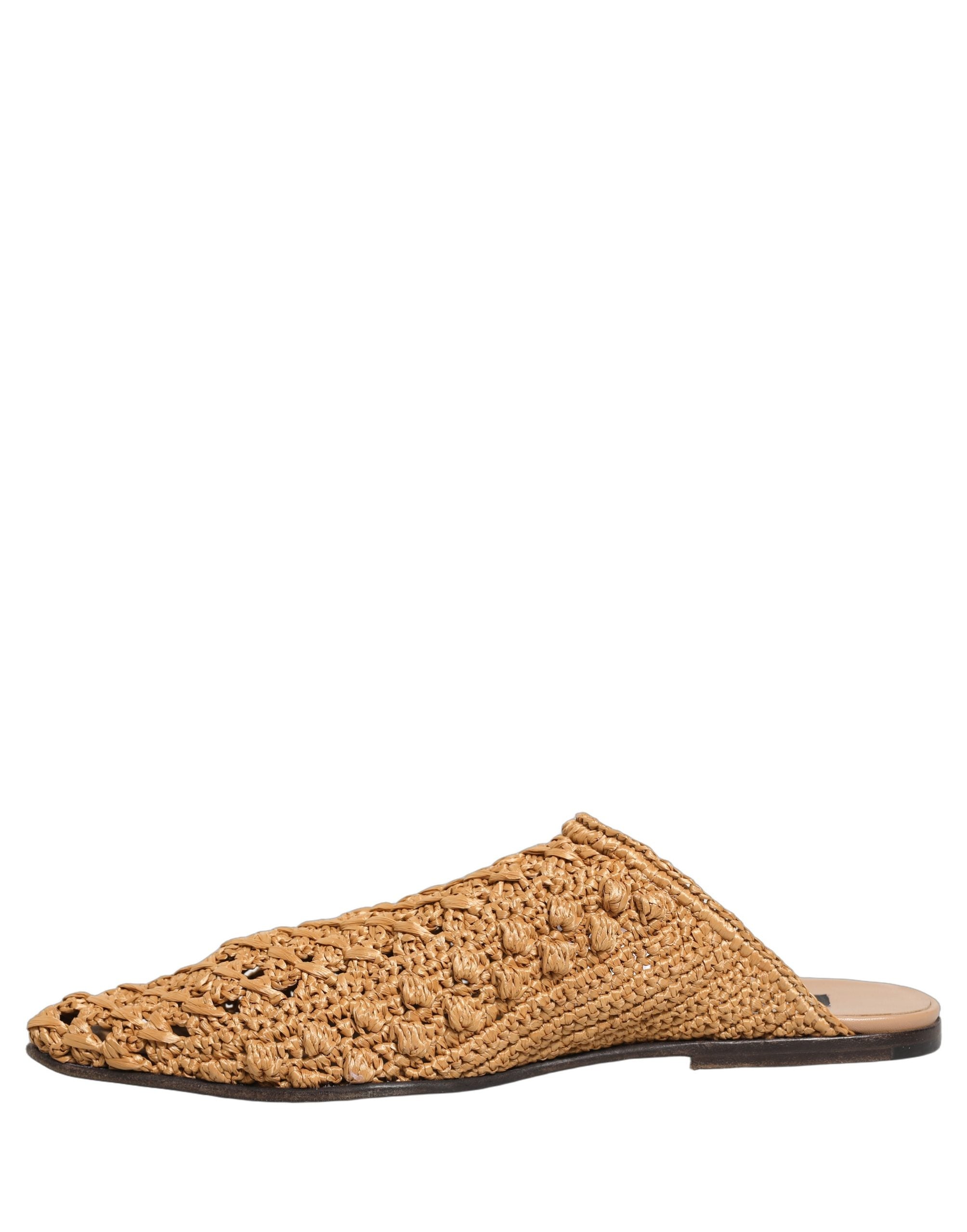 Dolce & Gabbana Beige Woven Straw Slides Sandals Flats Shoes