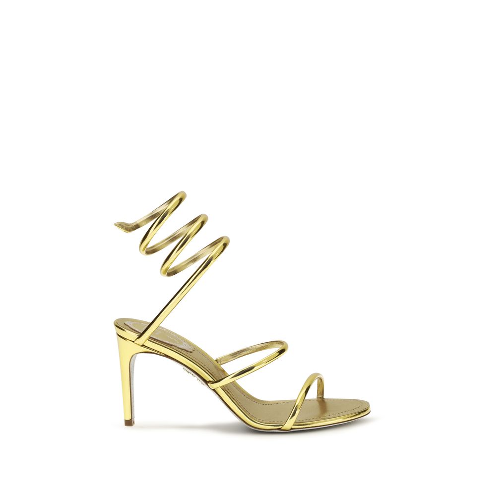 RENE CAOVILLA Gold Calf Leather Bos Taurus Stiletto Heel Sandals