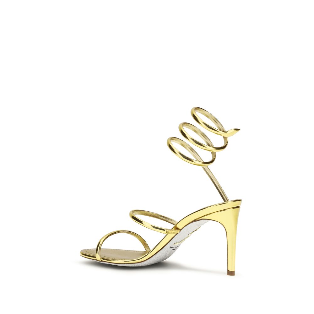 RENE CAOVILLA Gold Calf Leather Bos Taurus Stiletto Heel Sandals