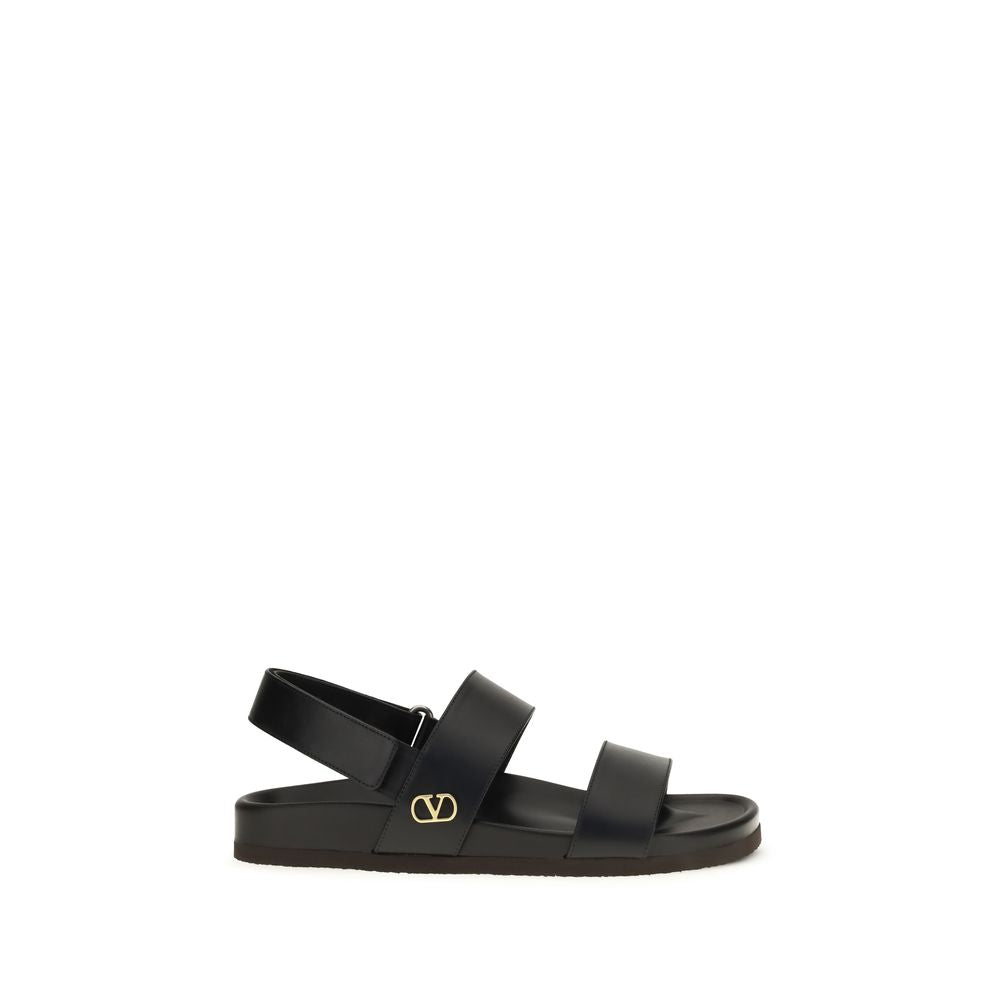 Valentino Garavani Black Calf Leather Bos Taurus Flat Sandals