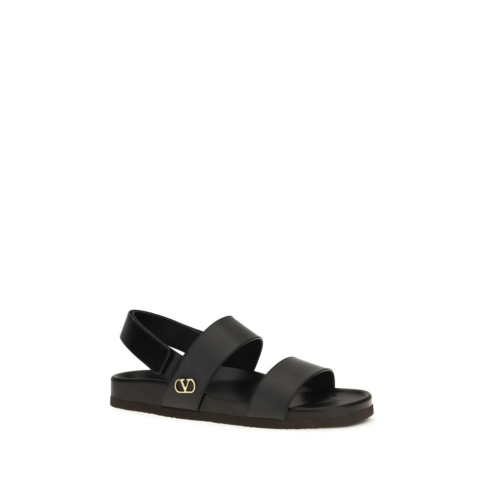 Valentino Garavani Black Calf Leather Bos Taurus Flat Sandals