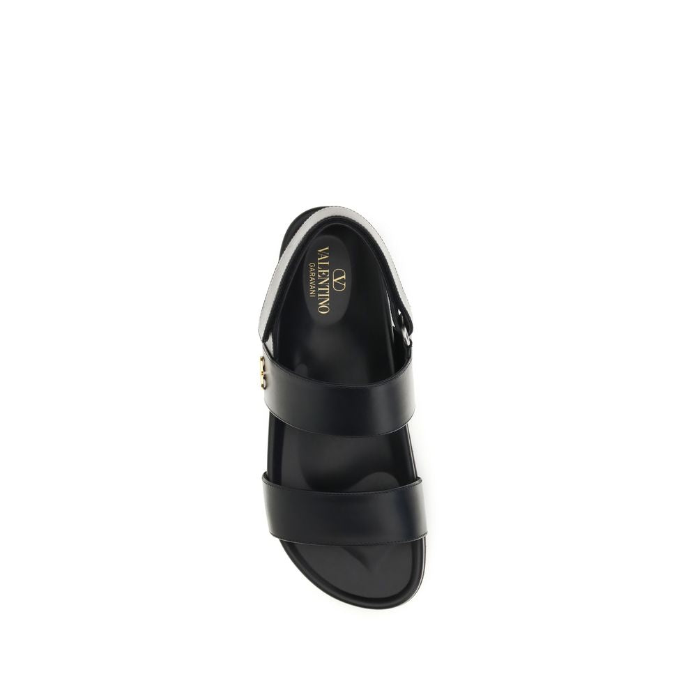 Valentino Garavani Black Calf Leather Bos Taurus Flat Sandals