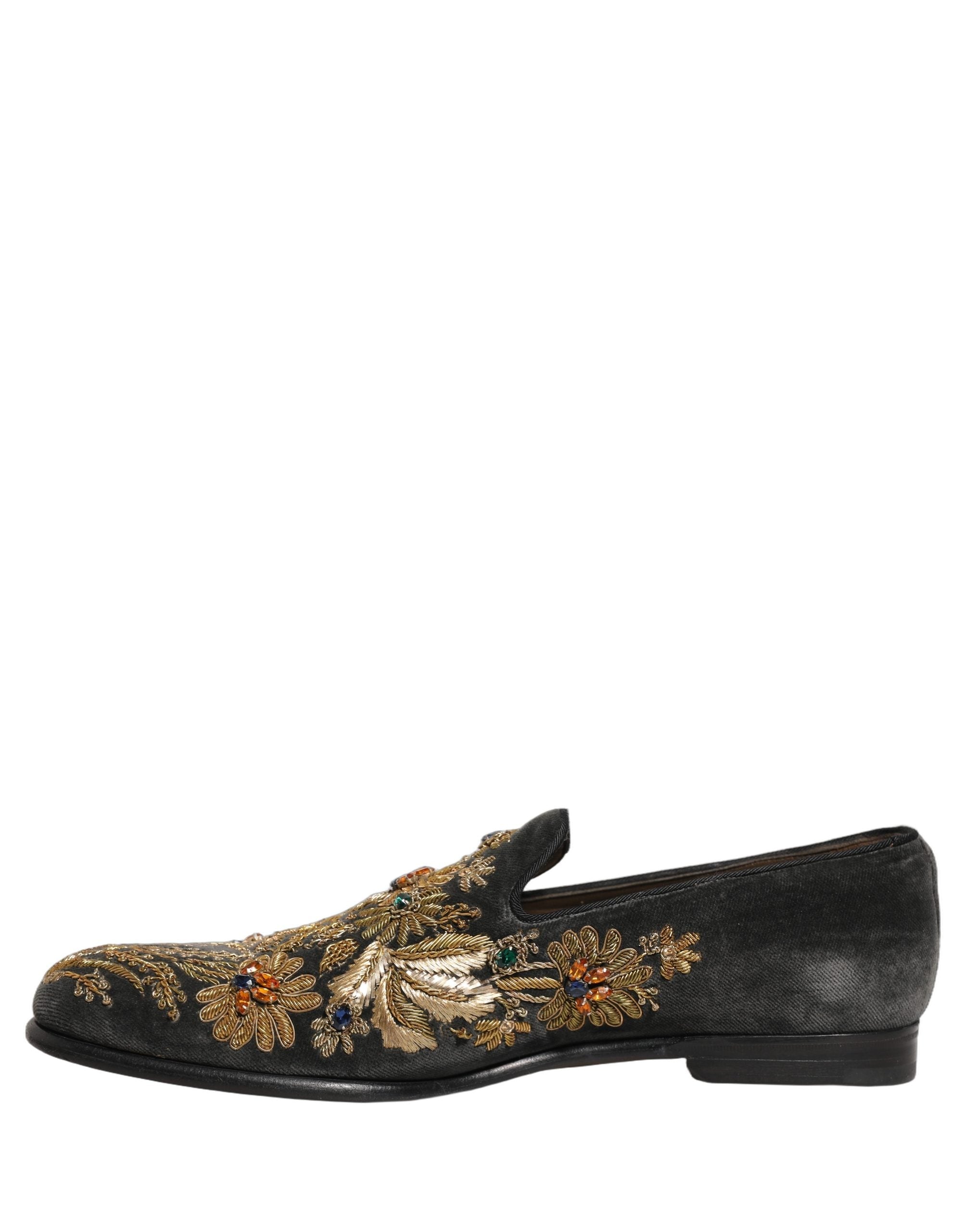 Dolce & Gabbana Black Velvet Embellished Dress Loafers Shoes