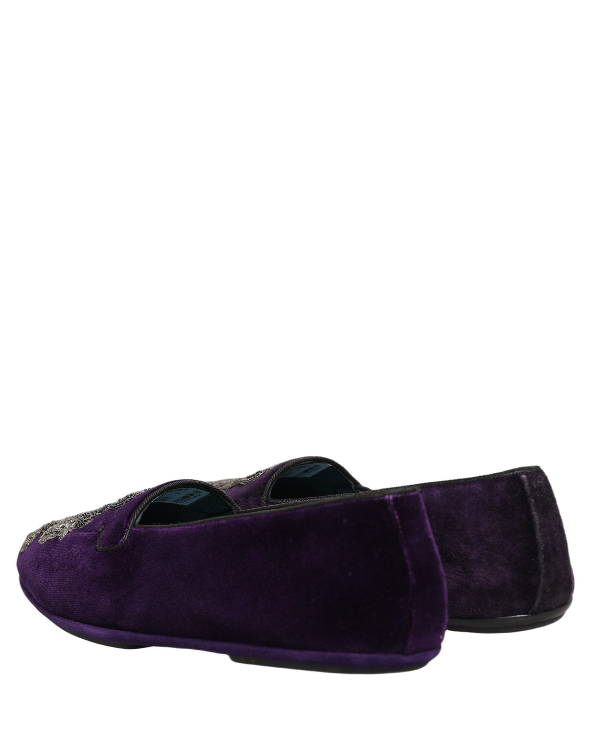 Dolce & Gabbana Purple Velvet Crown Embroidery Loafers Shoes