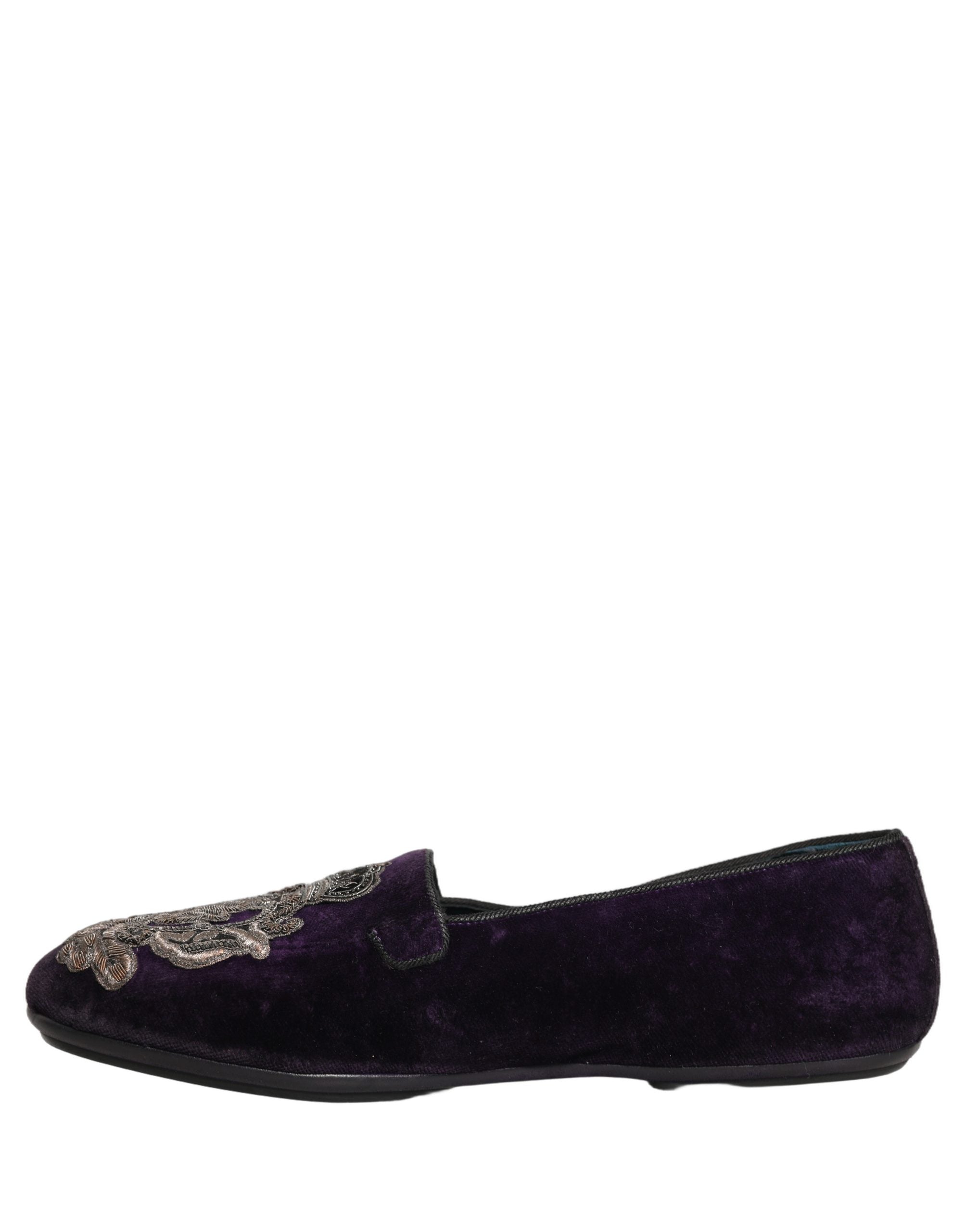 Dolce & Gabbana Purple Velvet Crown Embroidery Loafers Shoes