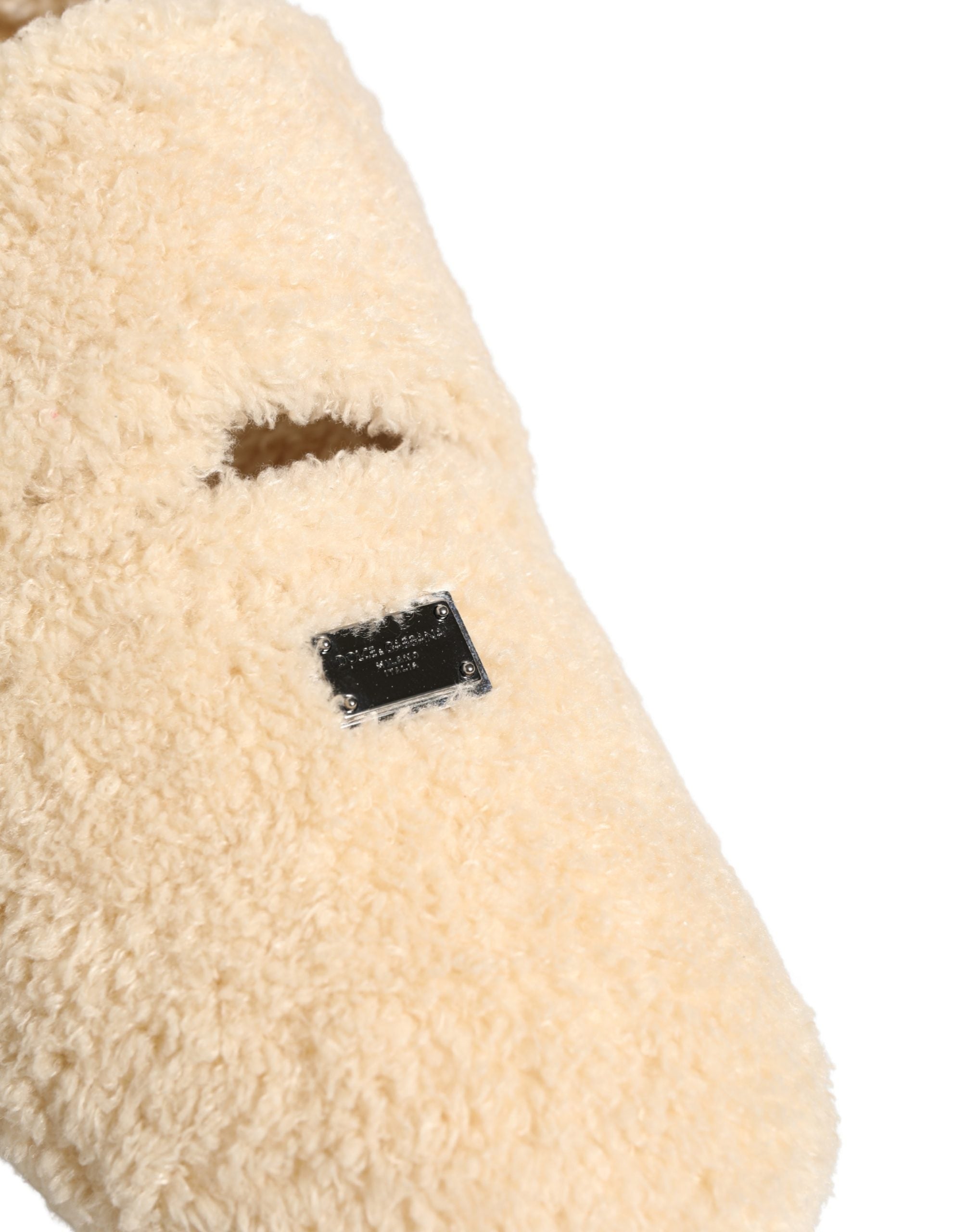 Dolce & Gabbana Beige Faux Fur Flats Men Slides Sandals Shoes