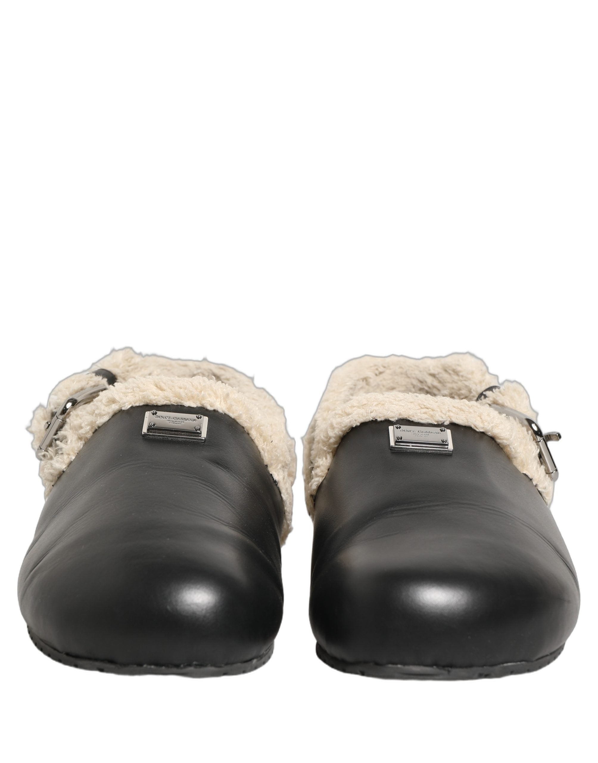 Dolce & Gabbana Beige Black Fur Shearling Slides Sandals Shoes