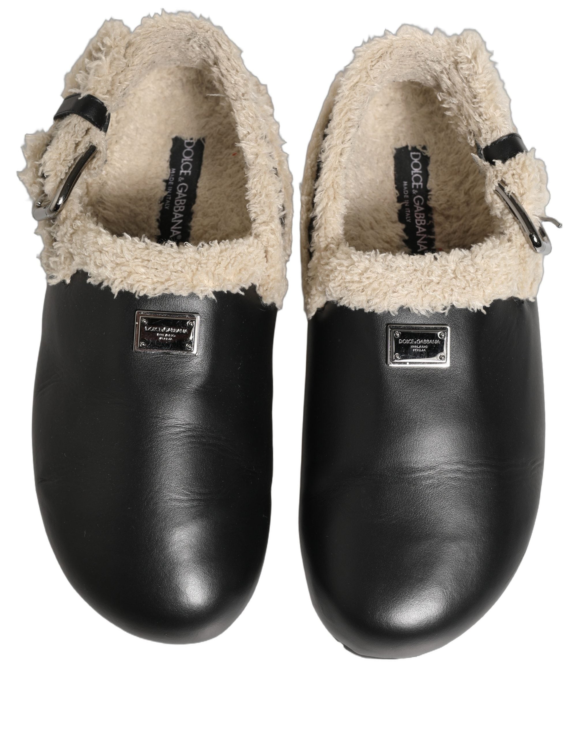 Dolce & Gabbana Beige Black Fur Shearling Slides Sandals Shoes