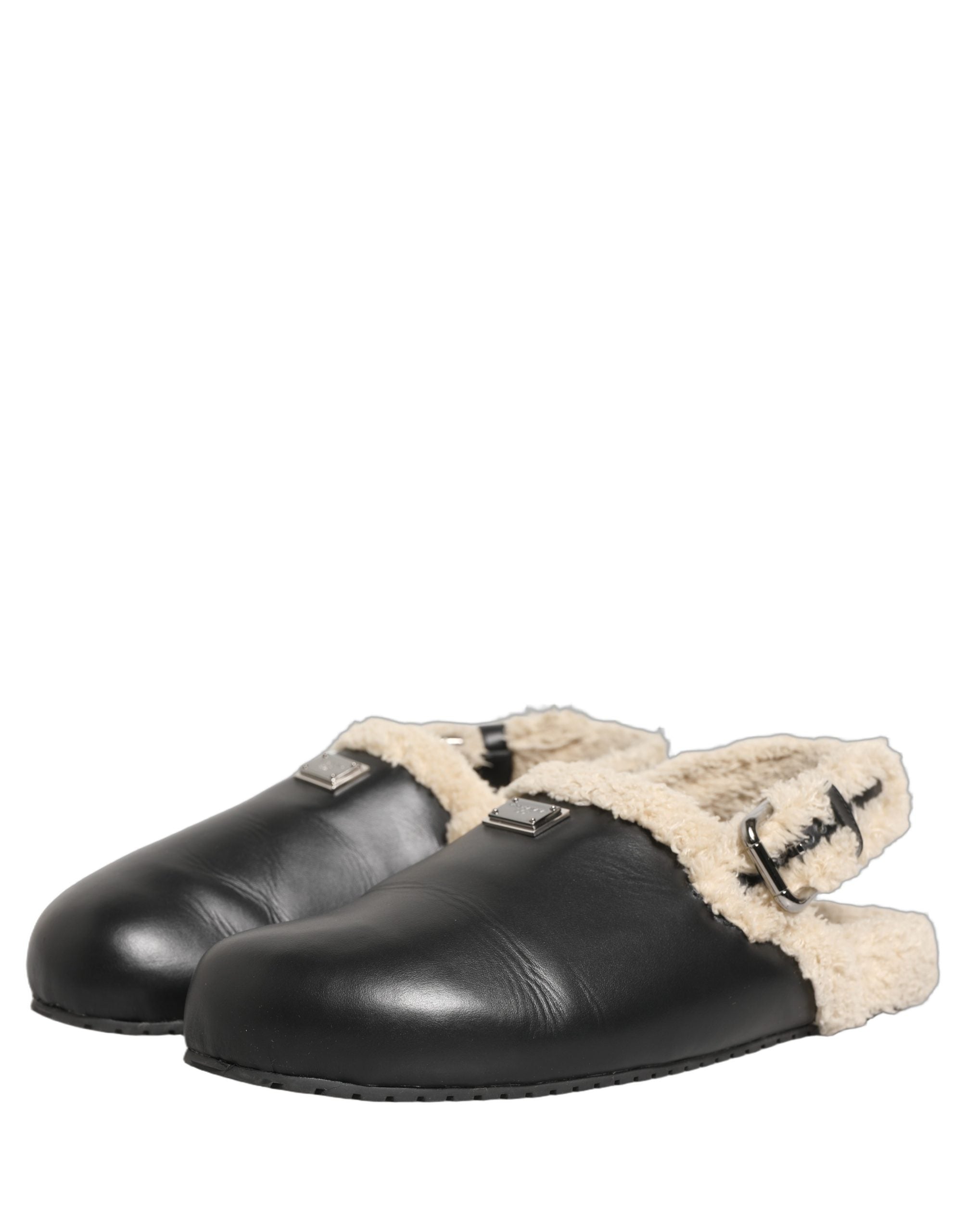Dolce & Gabbana Beige Black Fur Shearling Slides Sandals Shoes