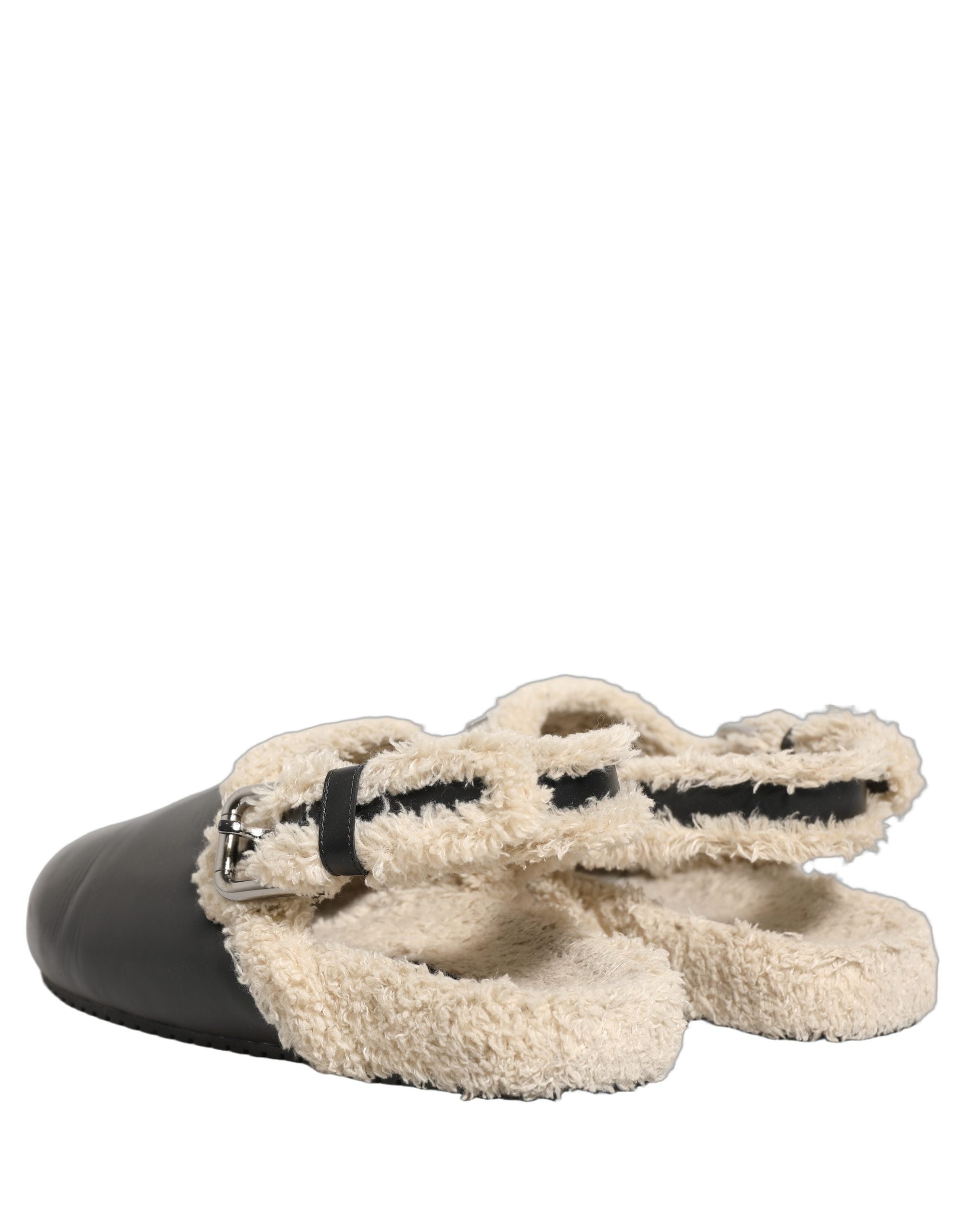 Dolce & Gabbana Beige Black Fur Shearling Slides Sandals Shoes
