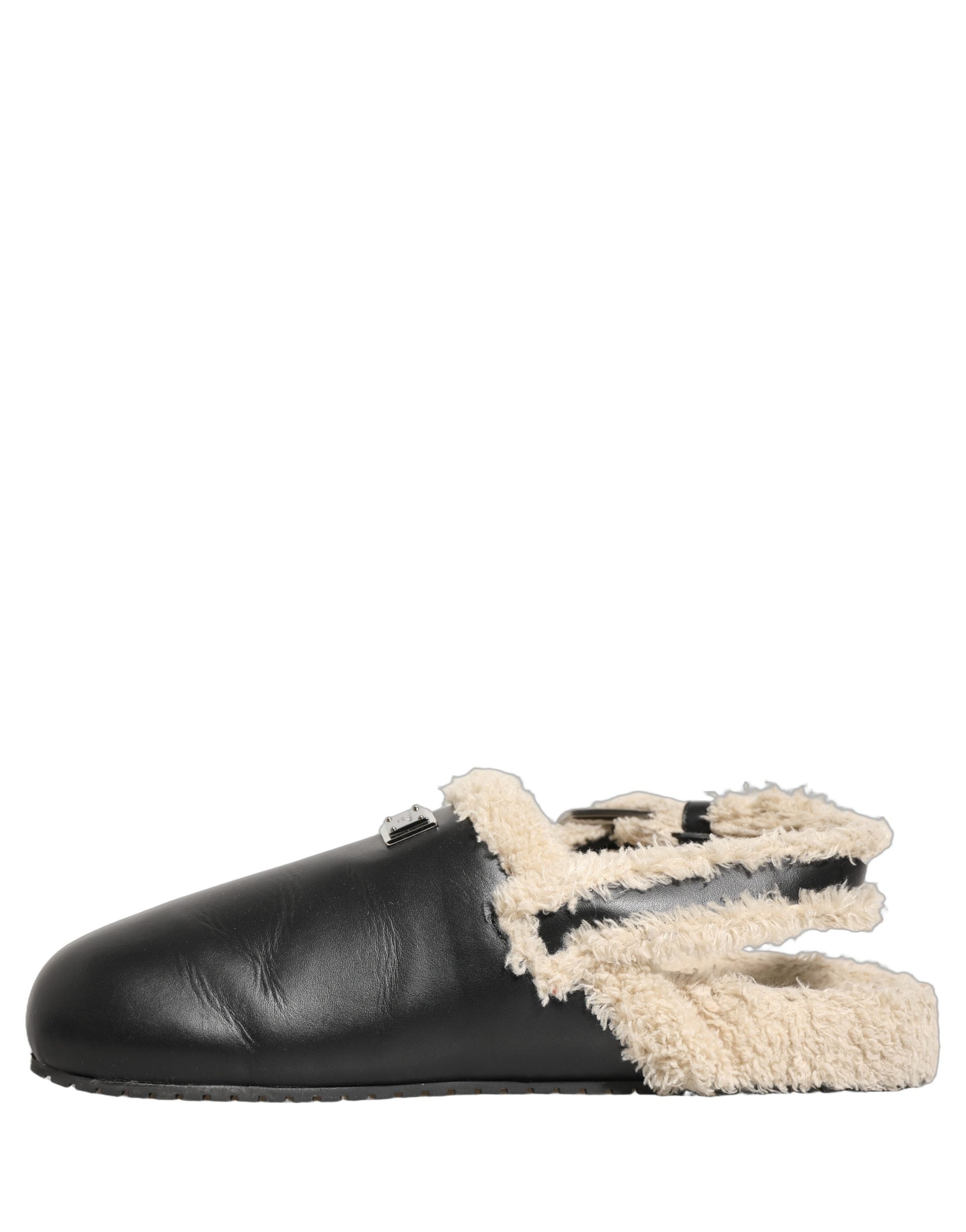 Dolce & Gabbana Beige Black Fur Shearling Slides Sandals Shoes