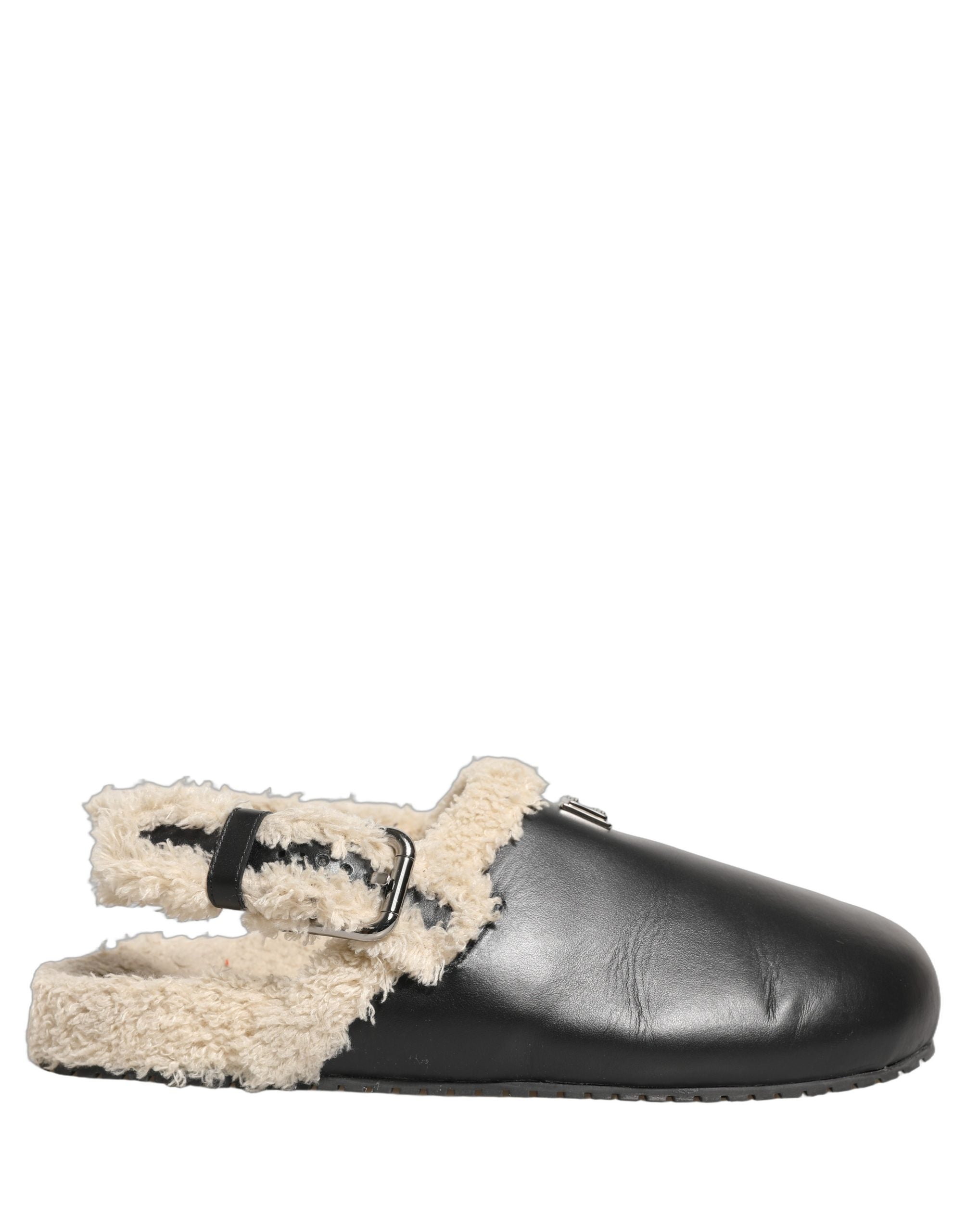 Dolce & Gabbana Beige Black Fur Shearling Slides Sandals Shoes