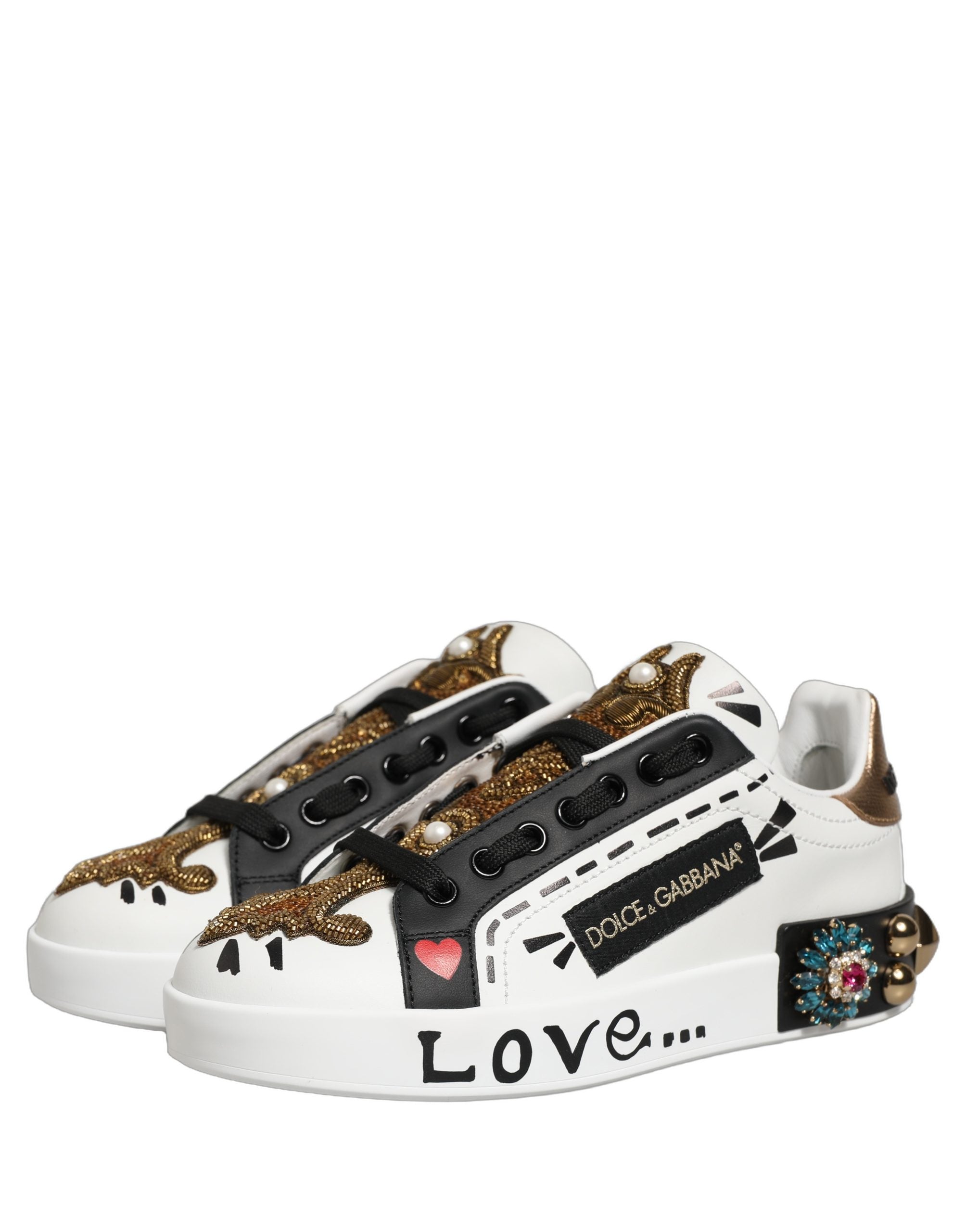 Dolce & Gabbana White Gold Studded Portofino Sneakers Shoes