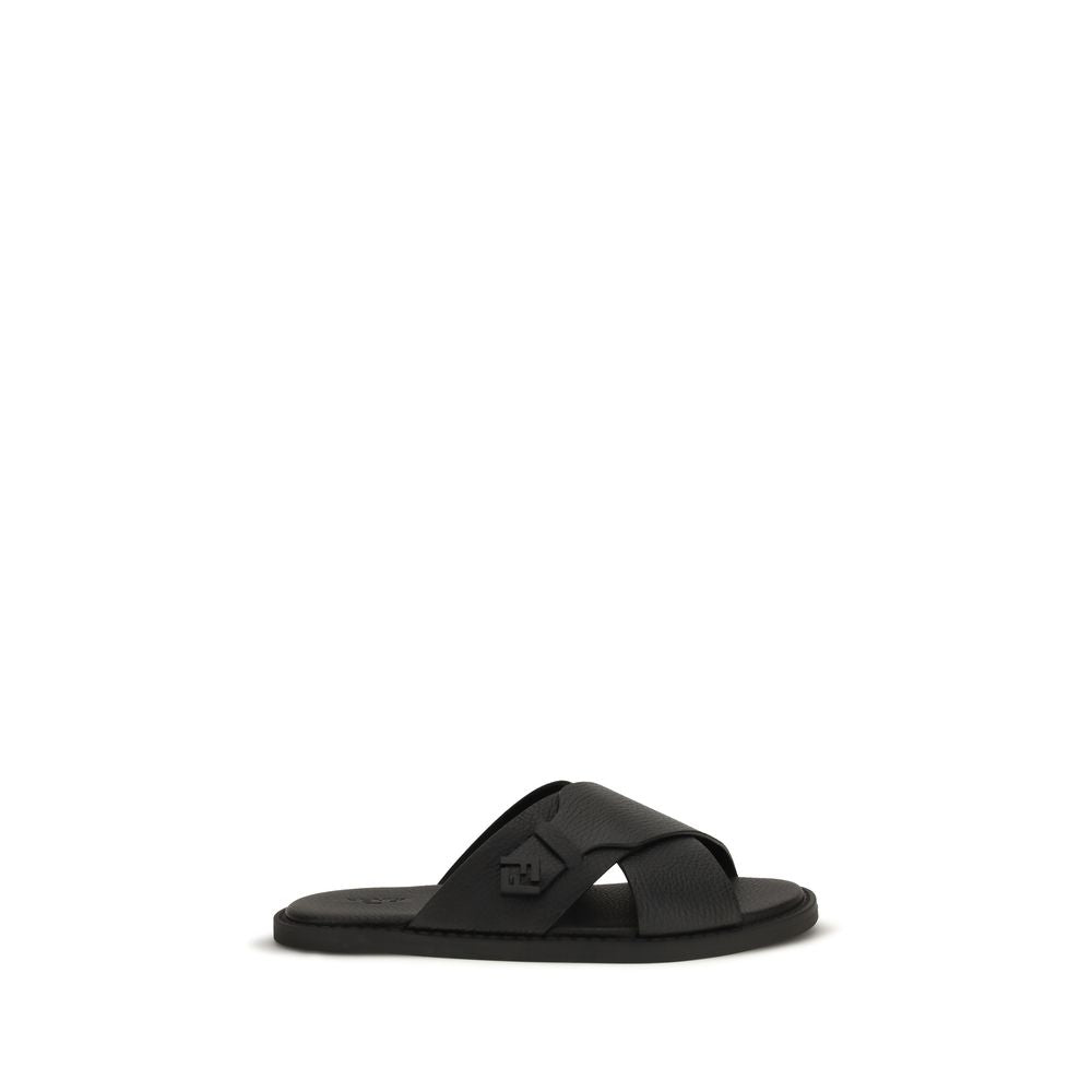 Fendi Black Calf Leather Bos Taurus Flat Sandals