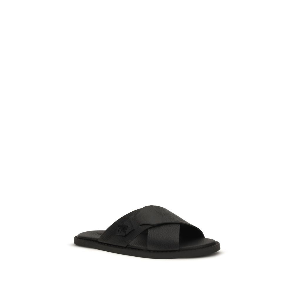 Fendi Black Calf Leather Bos Taurus Flat Sandals