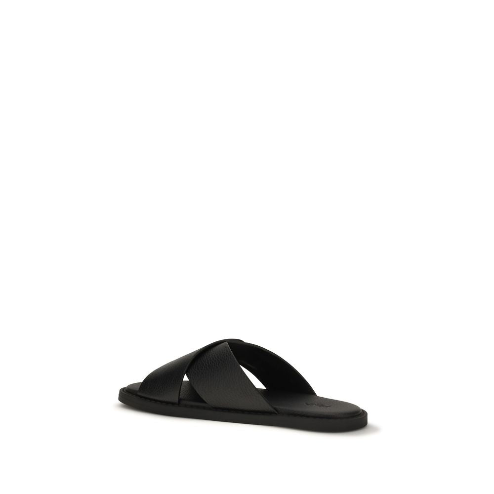 Fendi Black Calf Leather Bos Taurus Flat Sandals