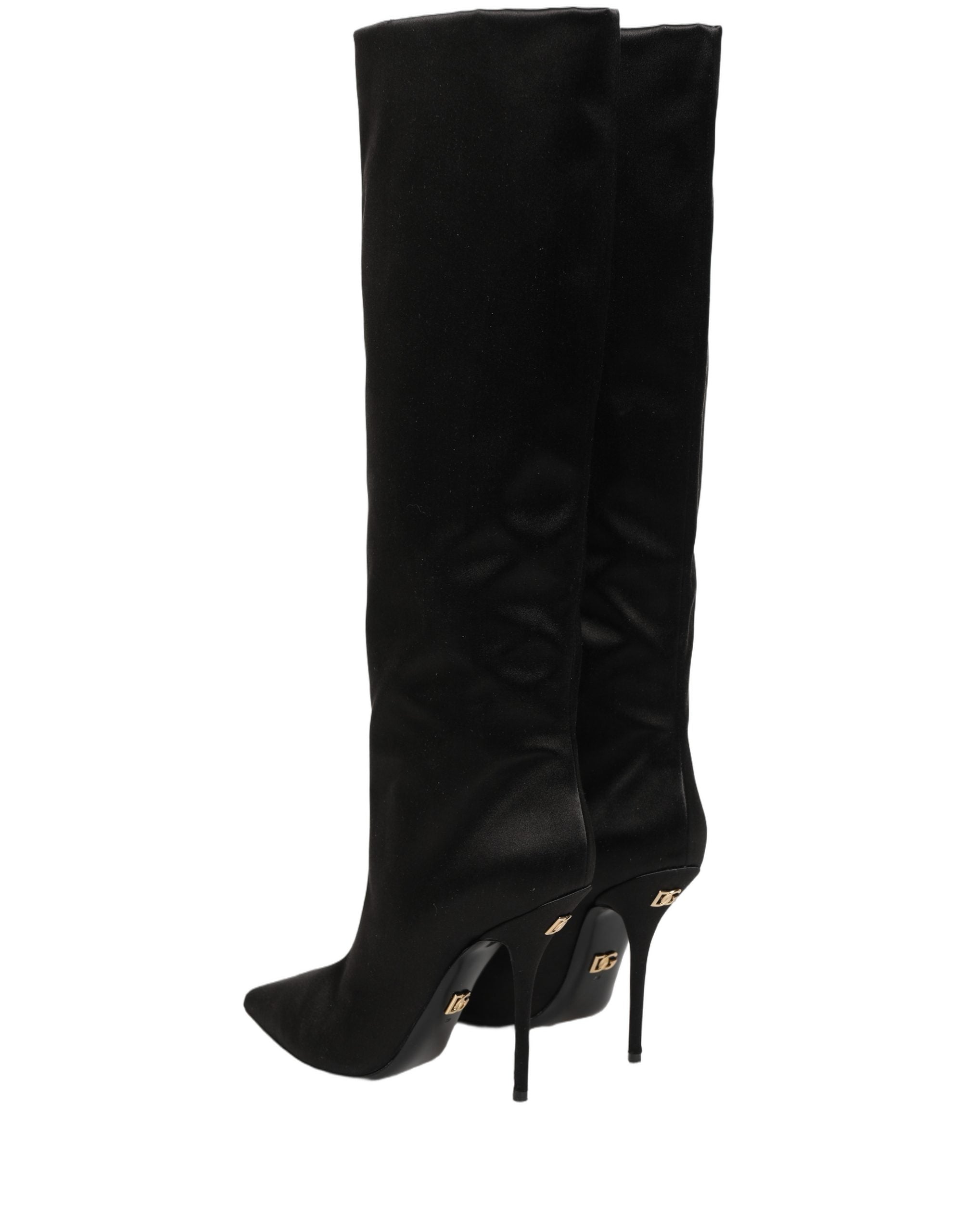 Dolce & Gabbana Black Satin Knee High Stiletto Boots Shoes