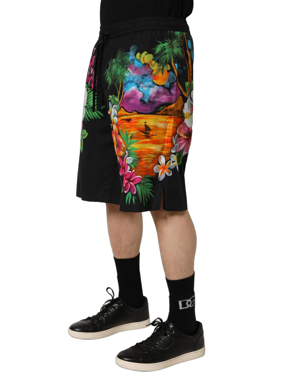 Dolce & Gabbana Black Cotton Tropical Floral Bermuda Shorts