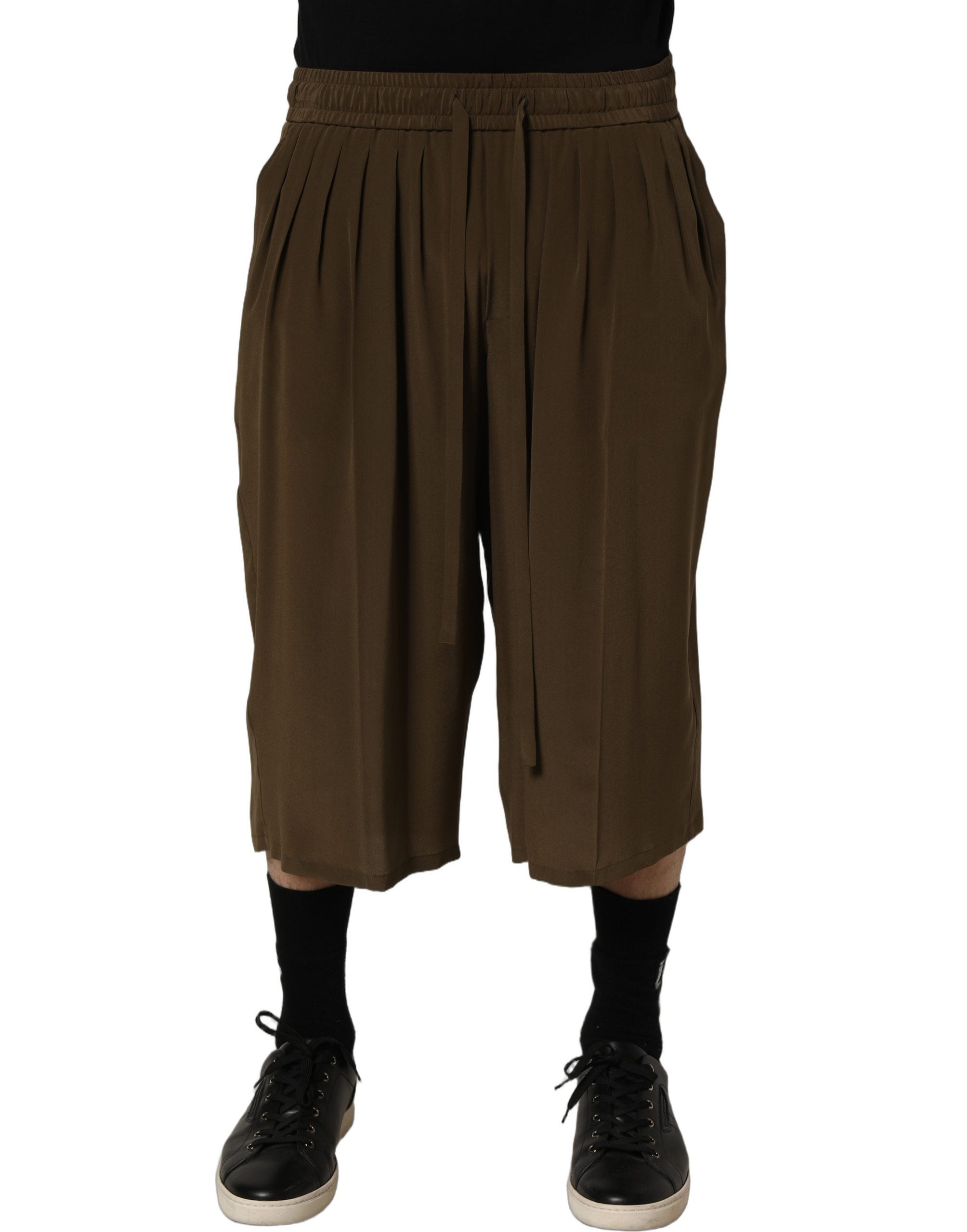 Dolce & Gabbana Brown Silk Mid Waist Pleated Bermuda Shorts