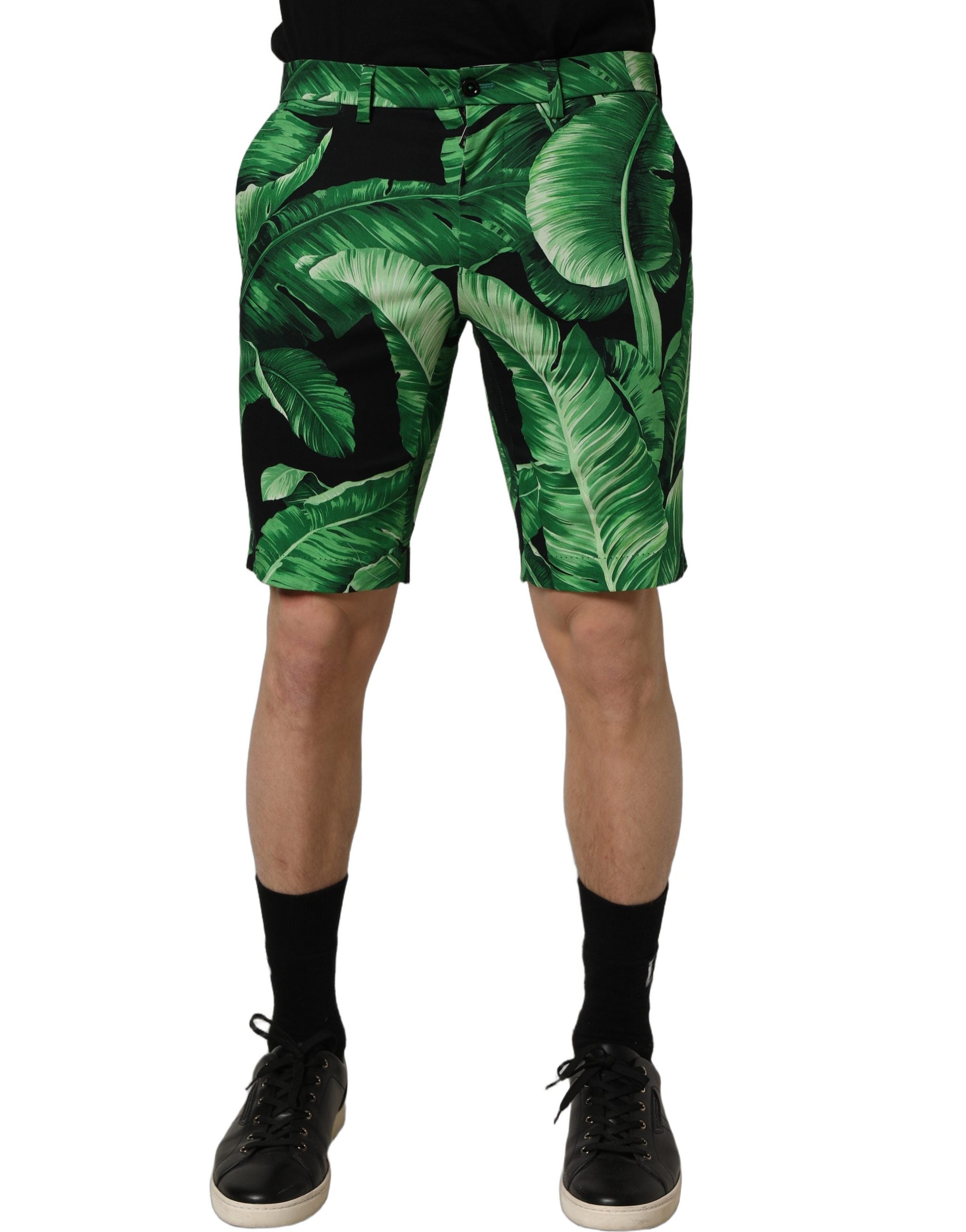 Dolce & Gabbana Black Green Banana Leaf Men Bermuda Shorts