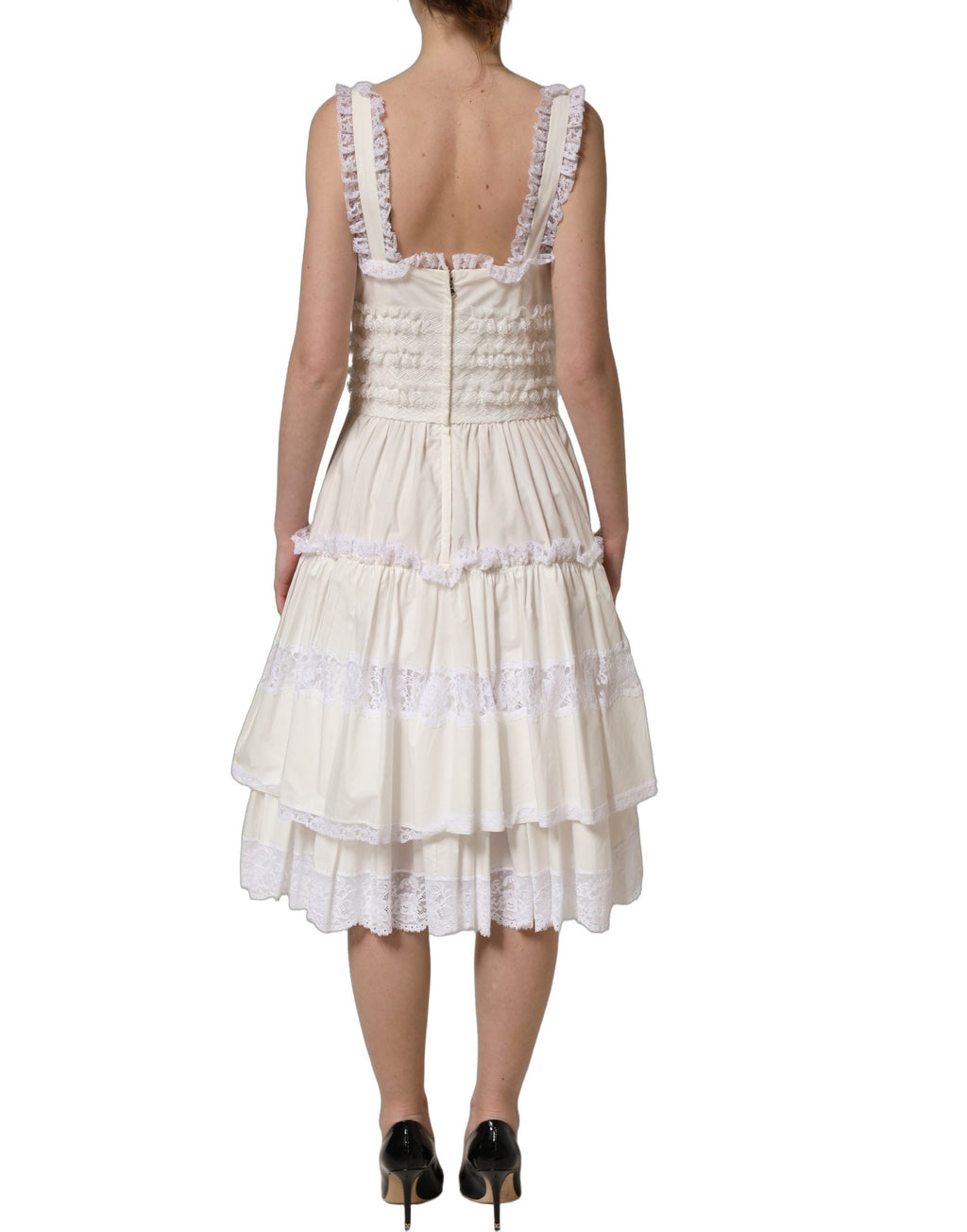 Dolce & Gabbana White Cotton Poplin Ruffled Midi Dress