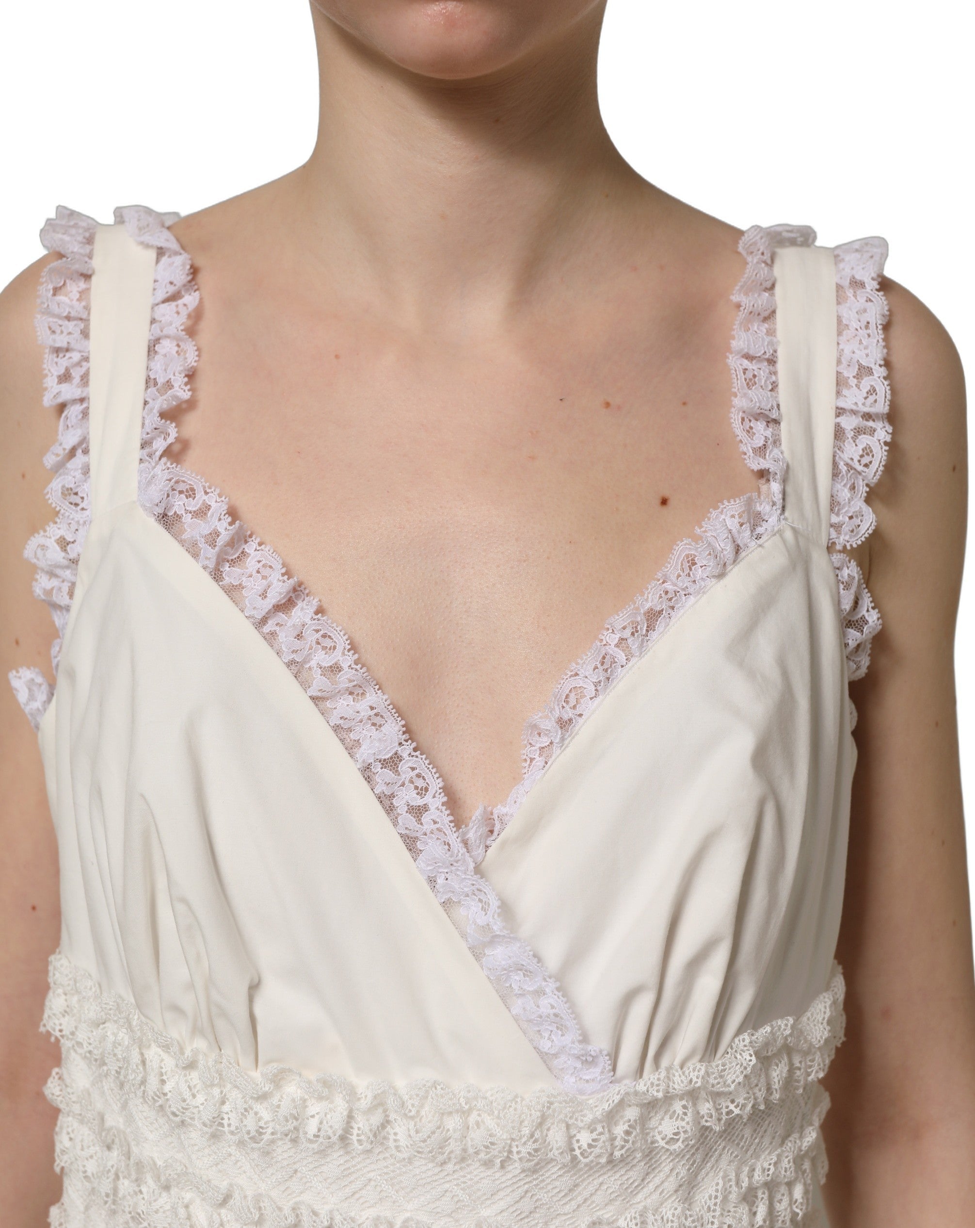 Dolce & Gabbana White Cotton Poplin Ruffled Midi Dress