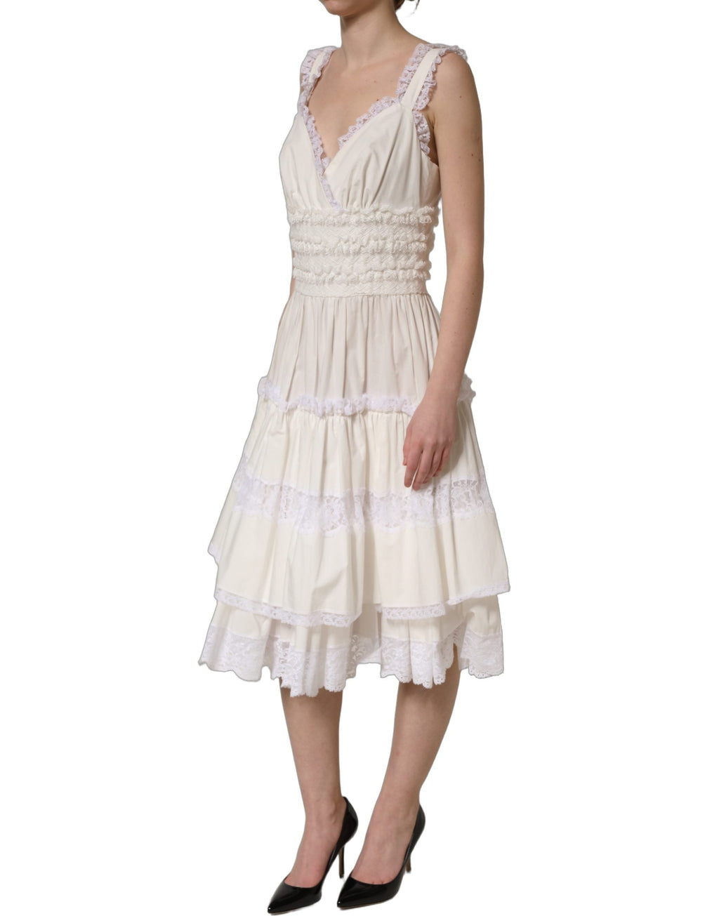 Dolce & Gabbana White Cotton Poplin Ruffled Midi Dress