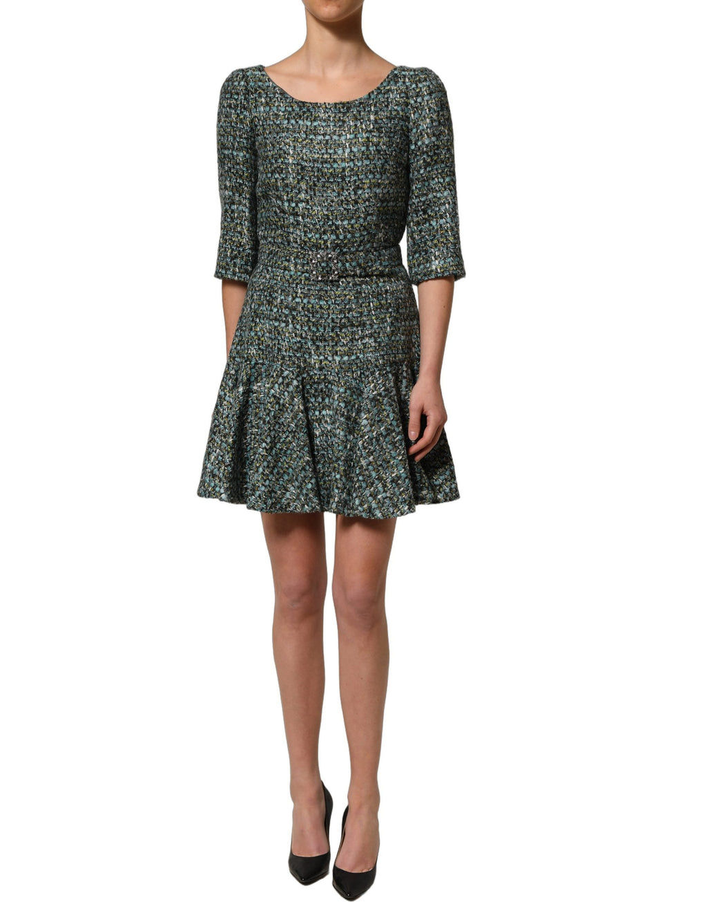 Dolce & Gabbana Multicolor Tweed Belted Babydoll Mini Dress